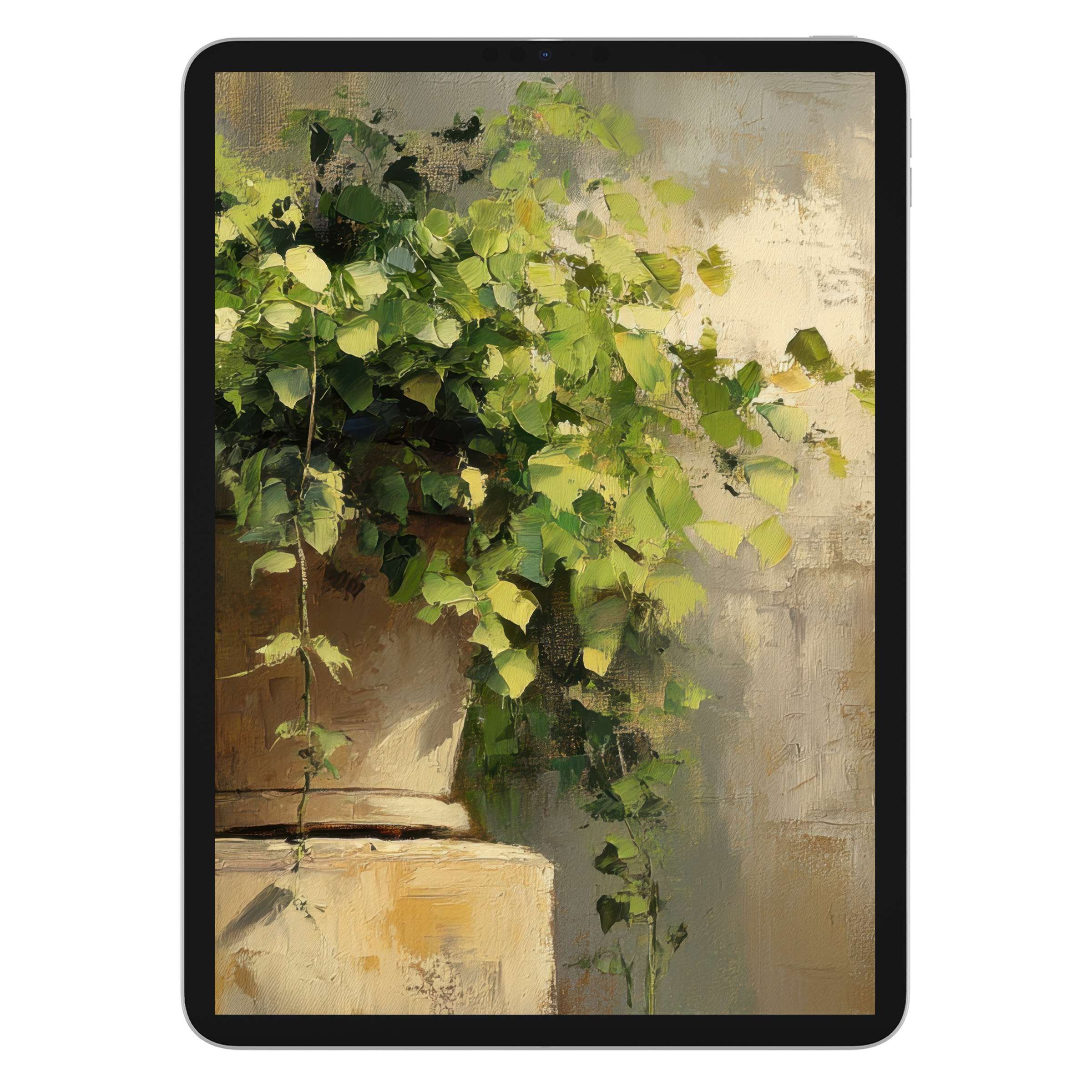 Elegant botanical iPad wallpaper featuring lush green leaves in an artful style, perfect digital download for tablet backgrounds