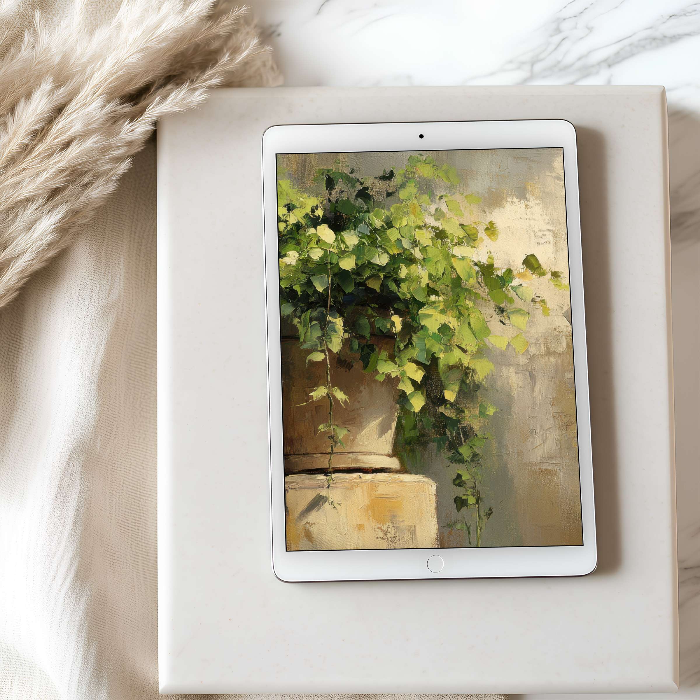 Elegant tablet wallpaper featuring lush green foliage on a textured backdrop, perfect for iPad high resolution digital download