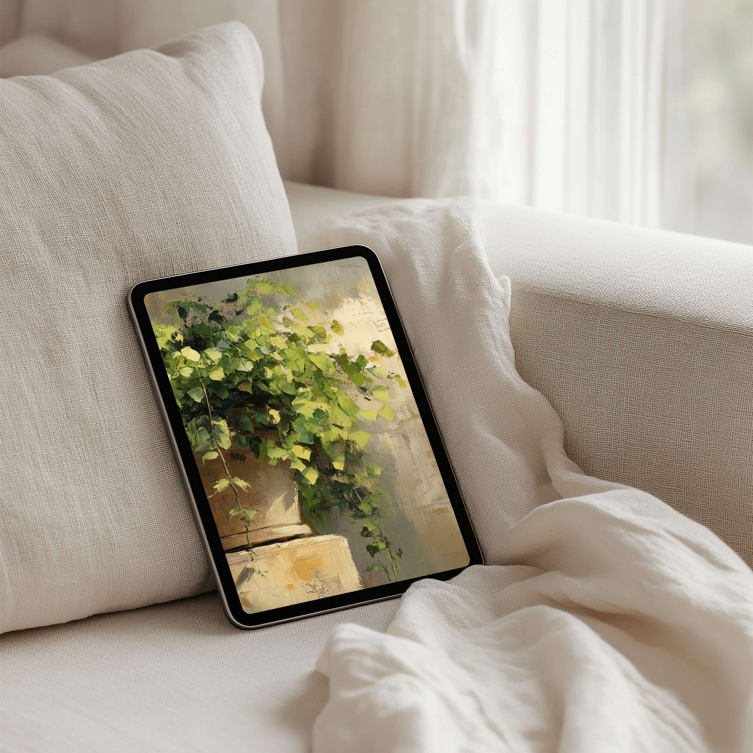 Elegant iPad background in soft beige tones with lush greenery evokes calm and inspiration ideal for tablet instant download