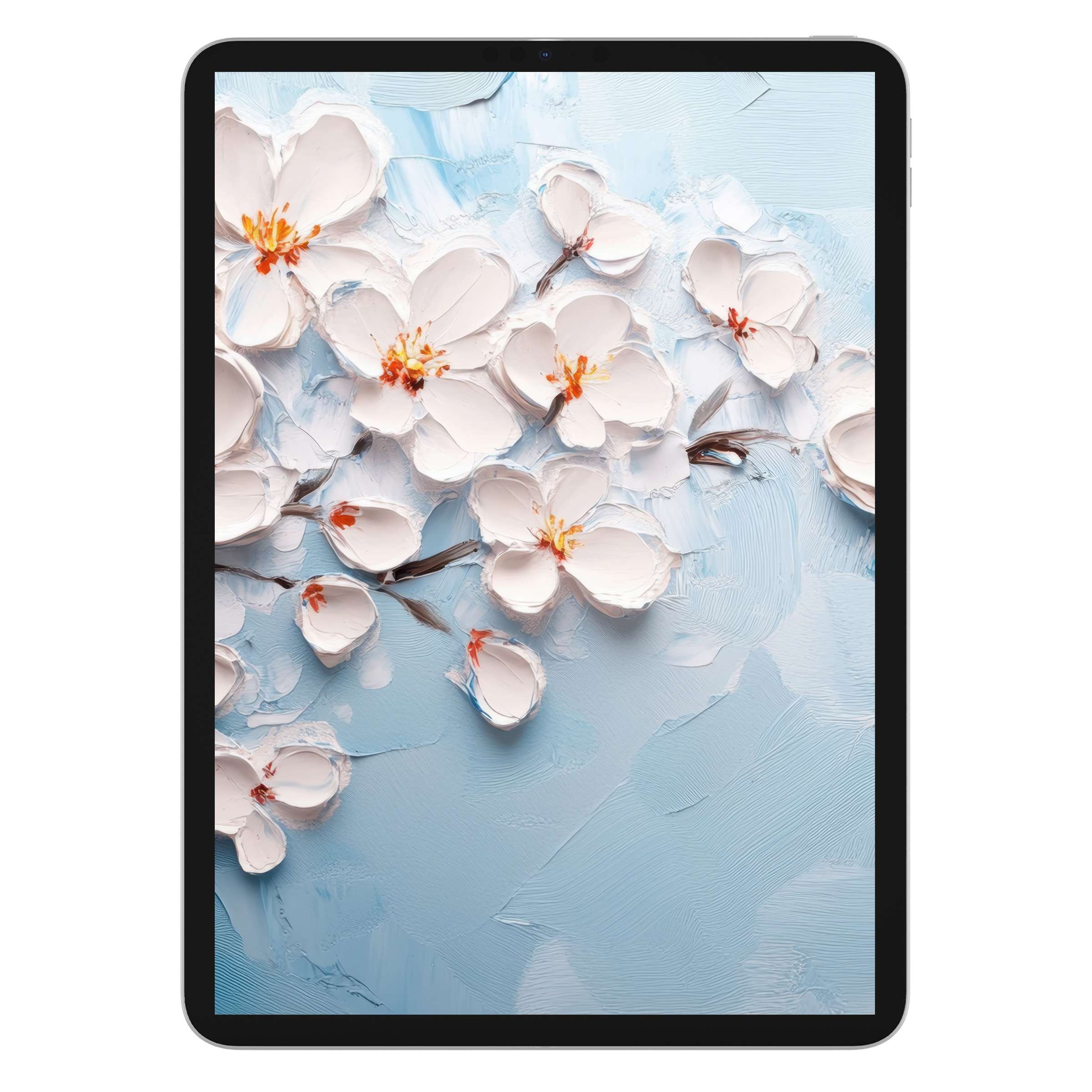 Elegant botanical iPad wallpaper with textured white blossoms on a serene blue background digital download for various tablets