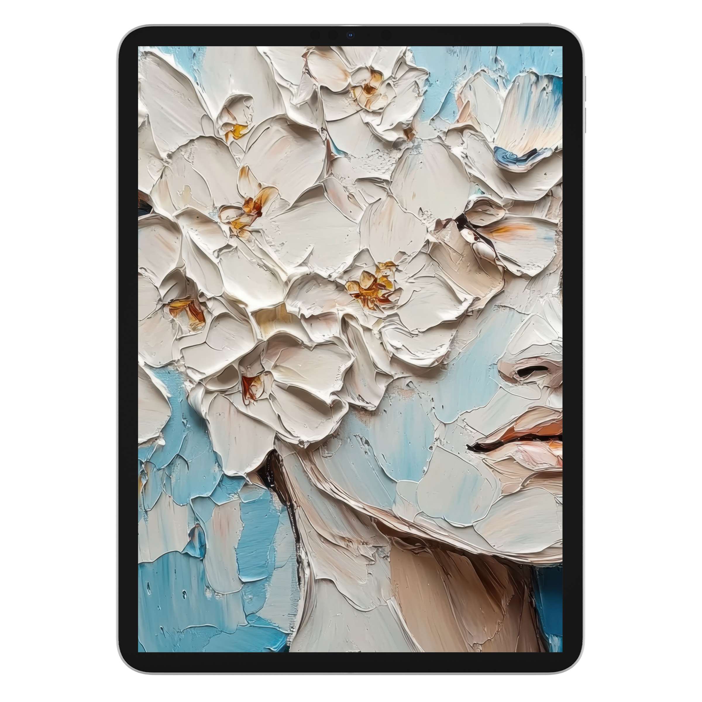 Elegant botanical iPad wallpaper featuring textured white flowers on soothing blue background perfect for digital download on any tablet