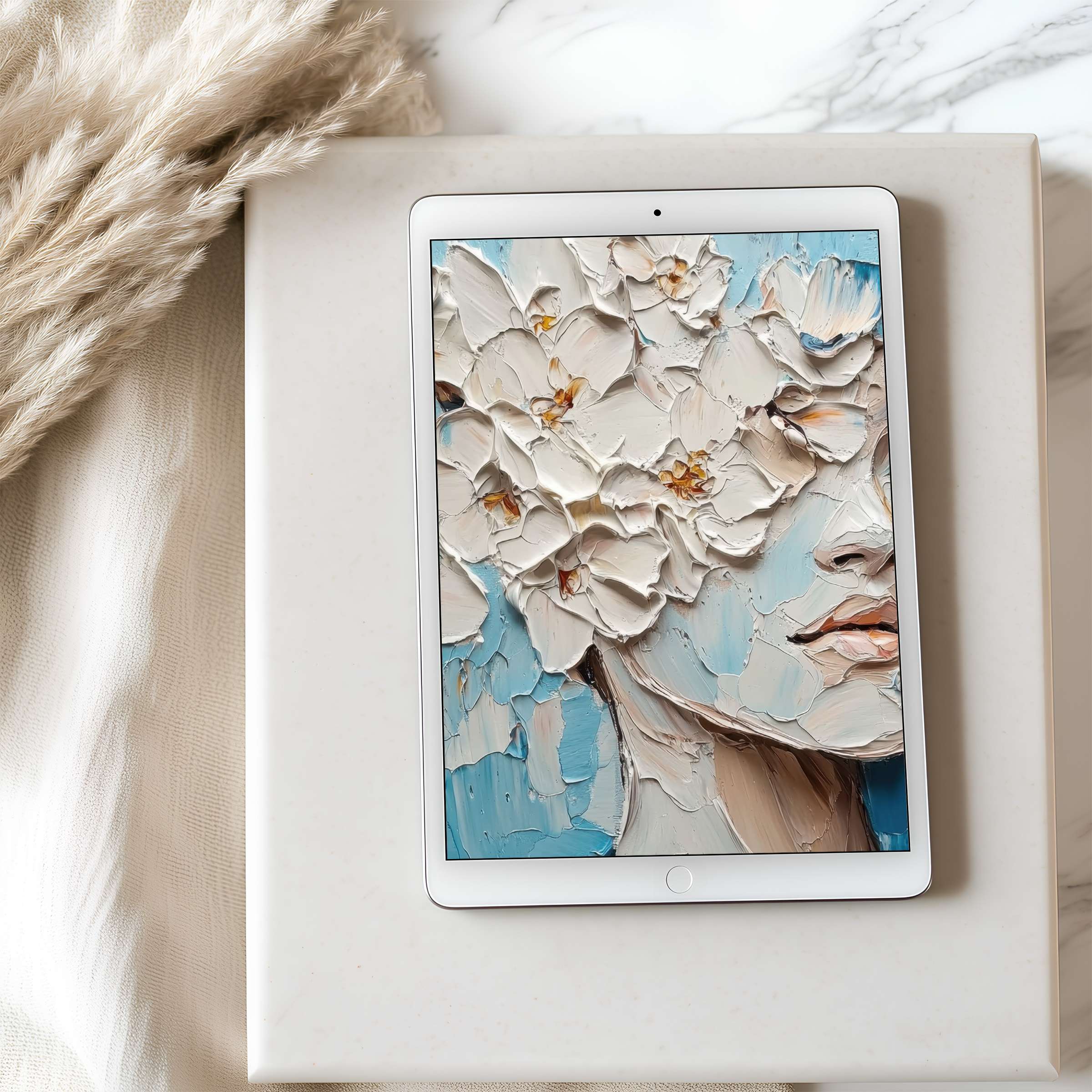 Elegant tablet wallpaper with high resolution featuring serene white floral art on soothing blue, ideal for iPad, digital download