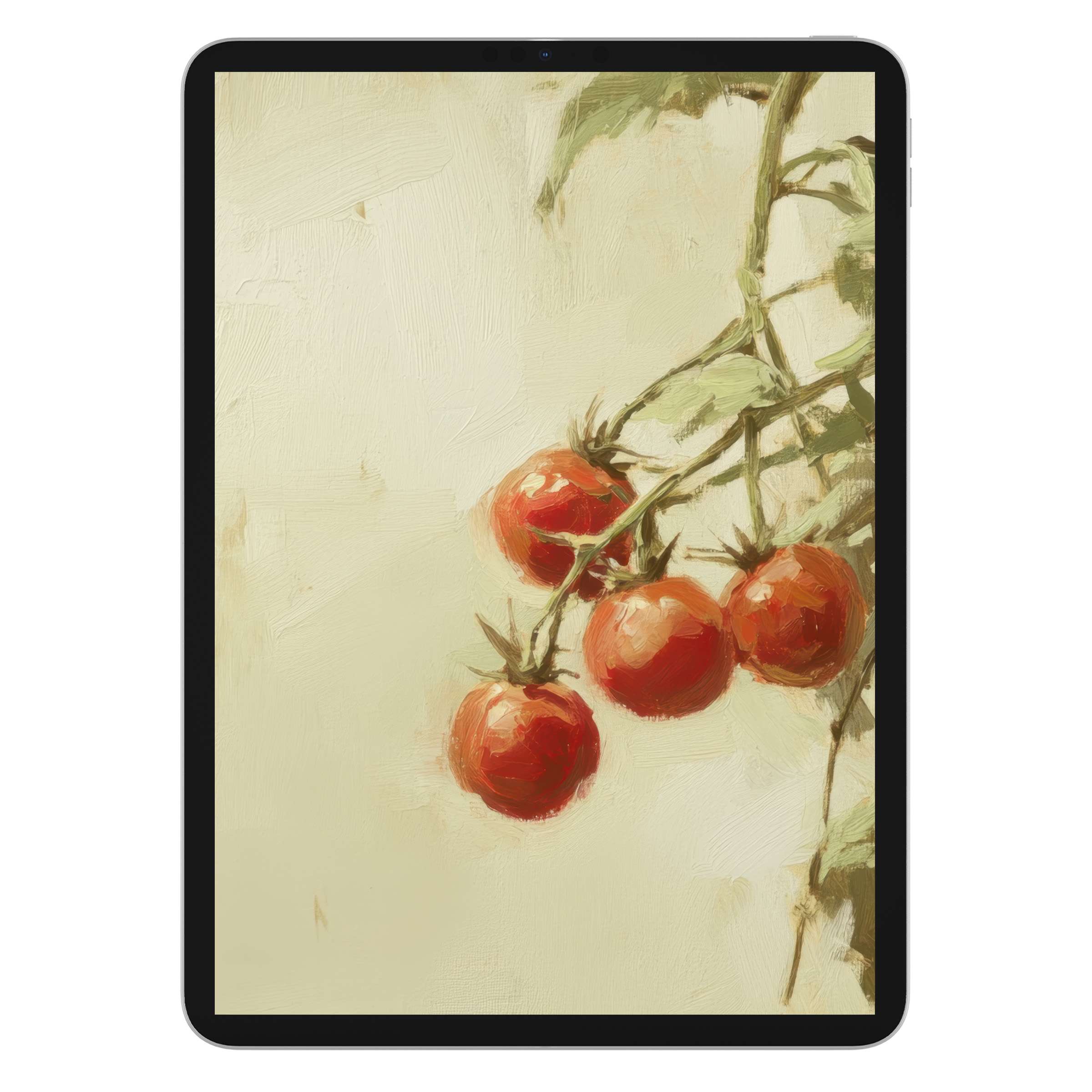 Lush tomatoes in a calming botanical iPad wallpaper, perfect digital download for an elegant tablet background, fits Android too