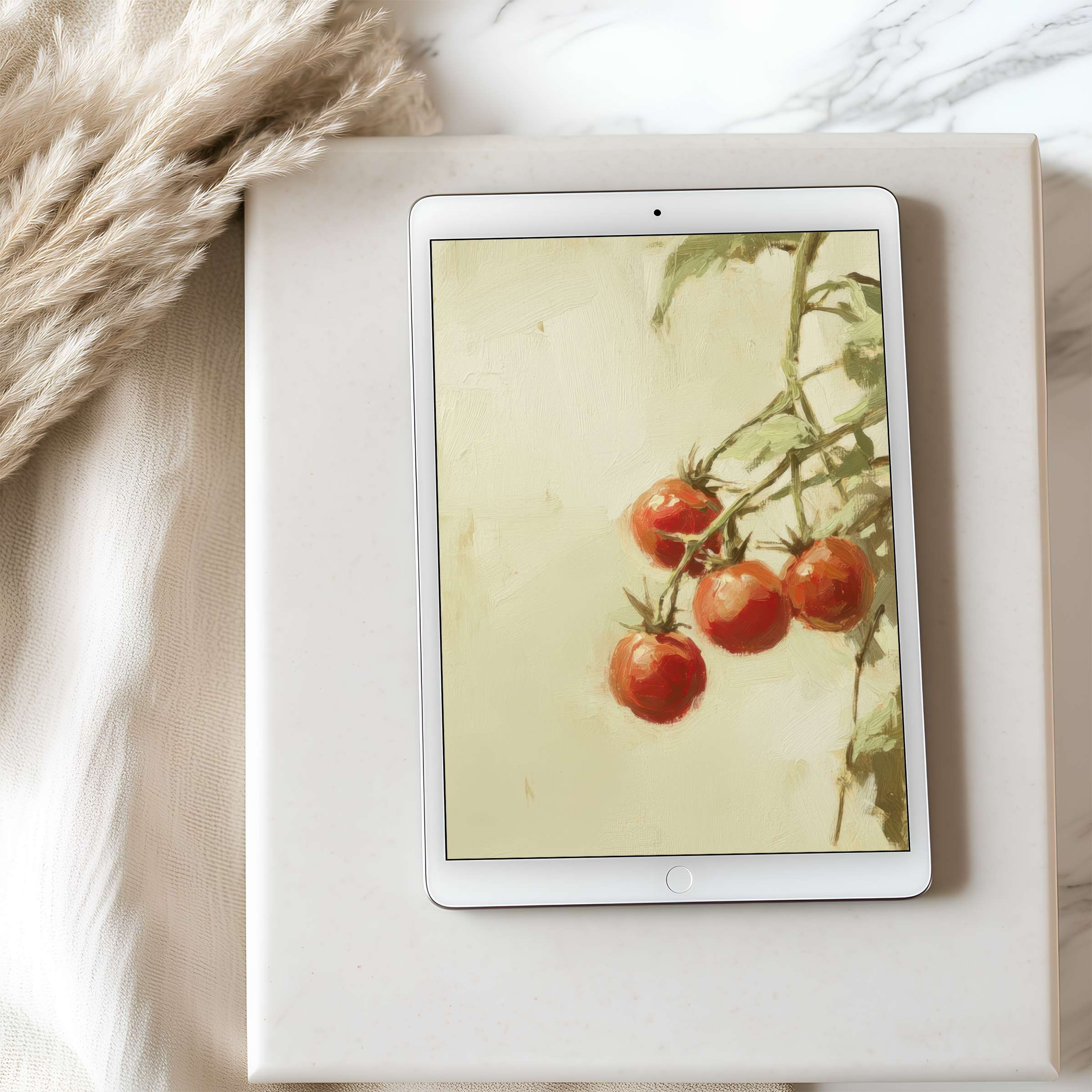 Elegant tomato motif tablet wallpaper in high resolution offers soothing visual appeal for iPad and Android digital downloads