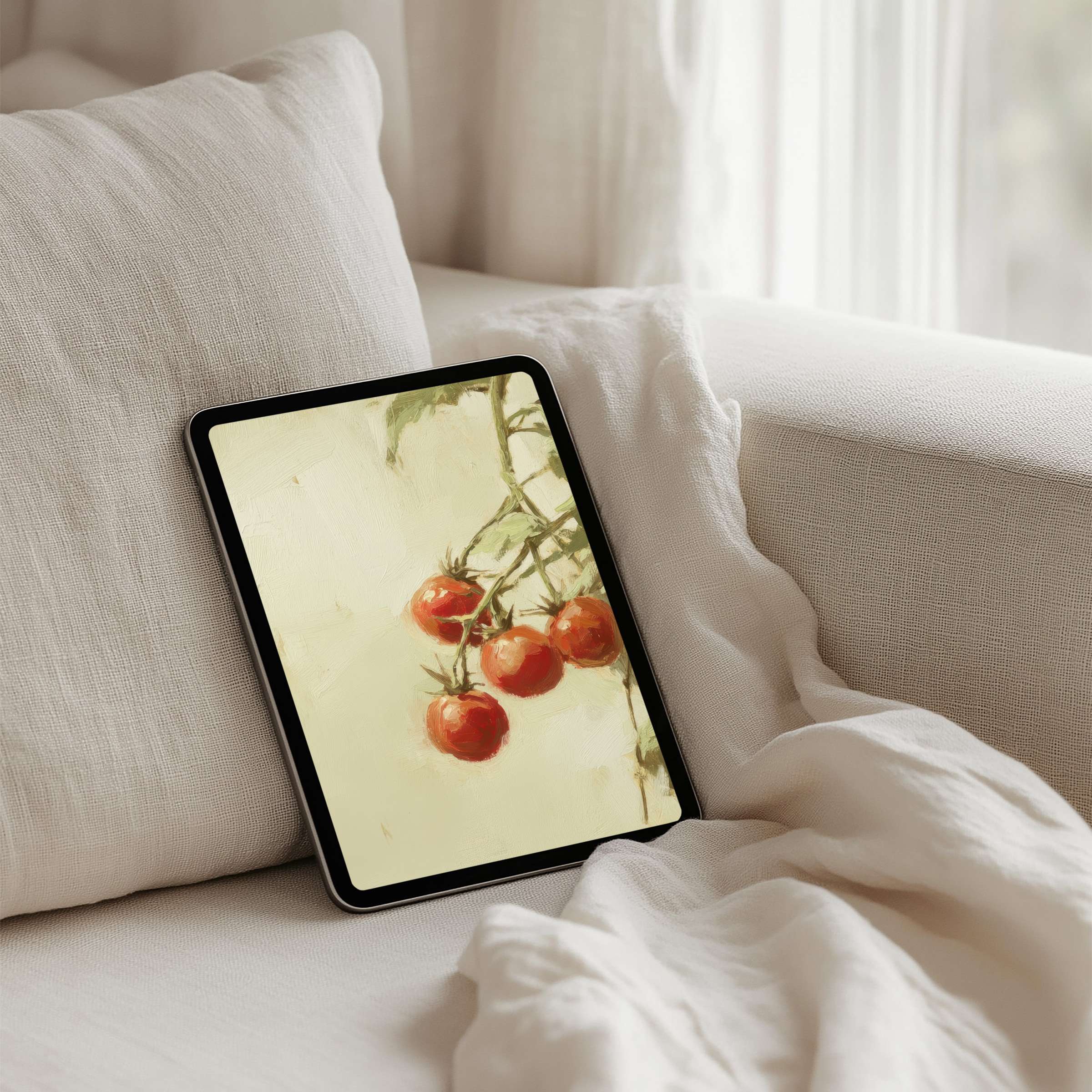 Elegant iPad background featuring a serene tomato painting for instant download, perfect for inspiring calm on your tablet screen