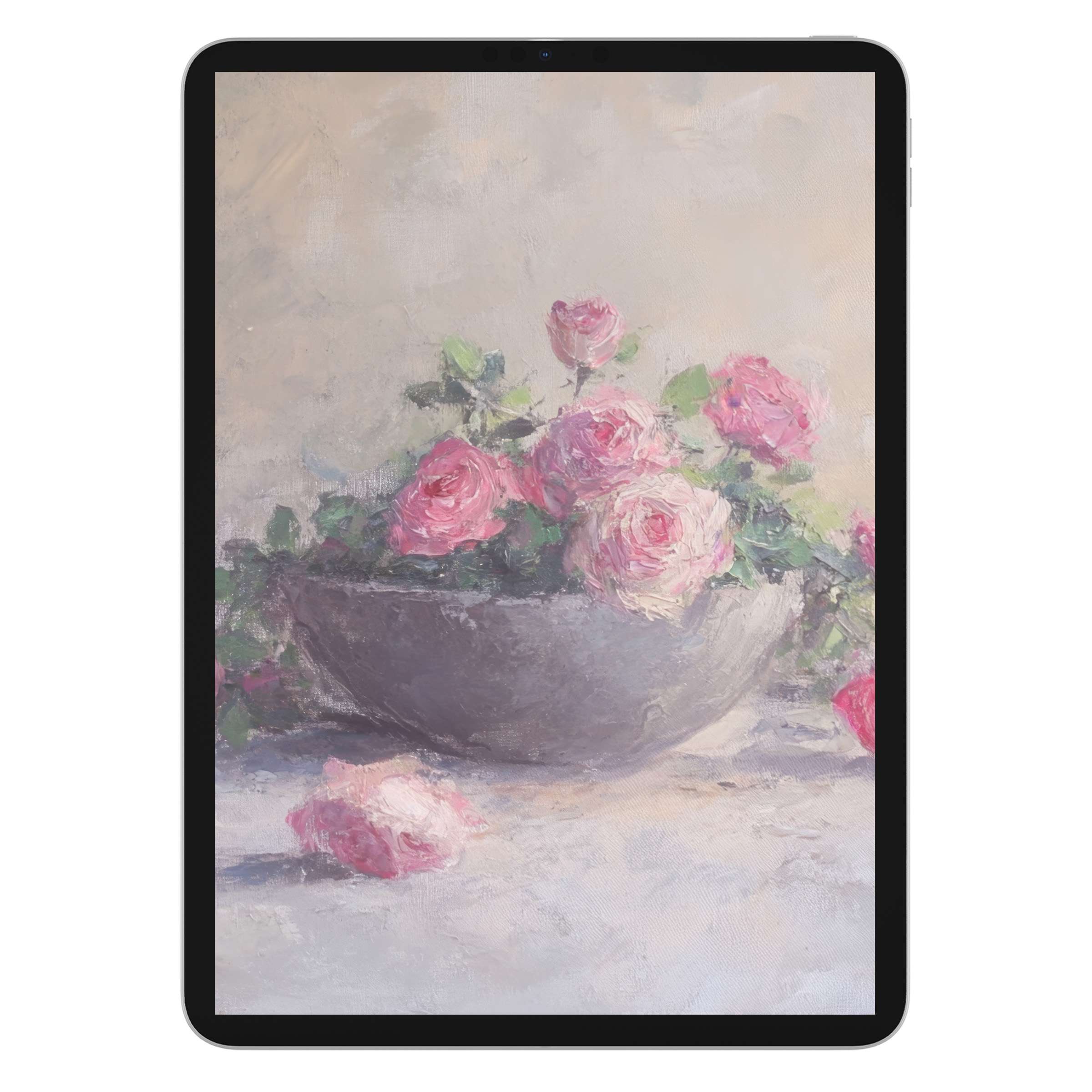 Elegant botanical iPad wallpaper with pink roses in a textured bowl background, perfect digital download for any tablet display