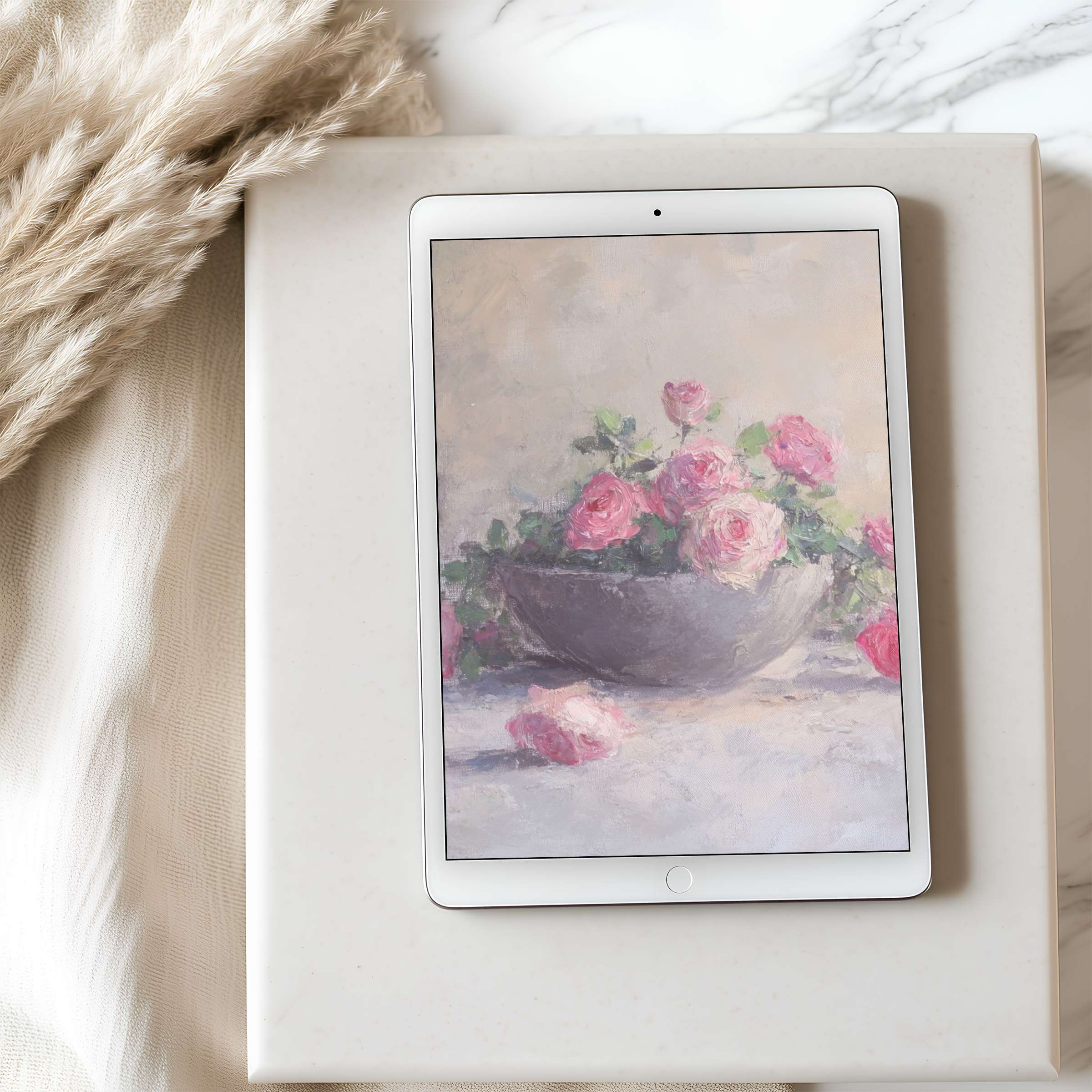 Elegant tablet wallpaper with a serene floral still life in soft pink hues, perfect for iPad or Android download, enhancing decor