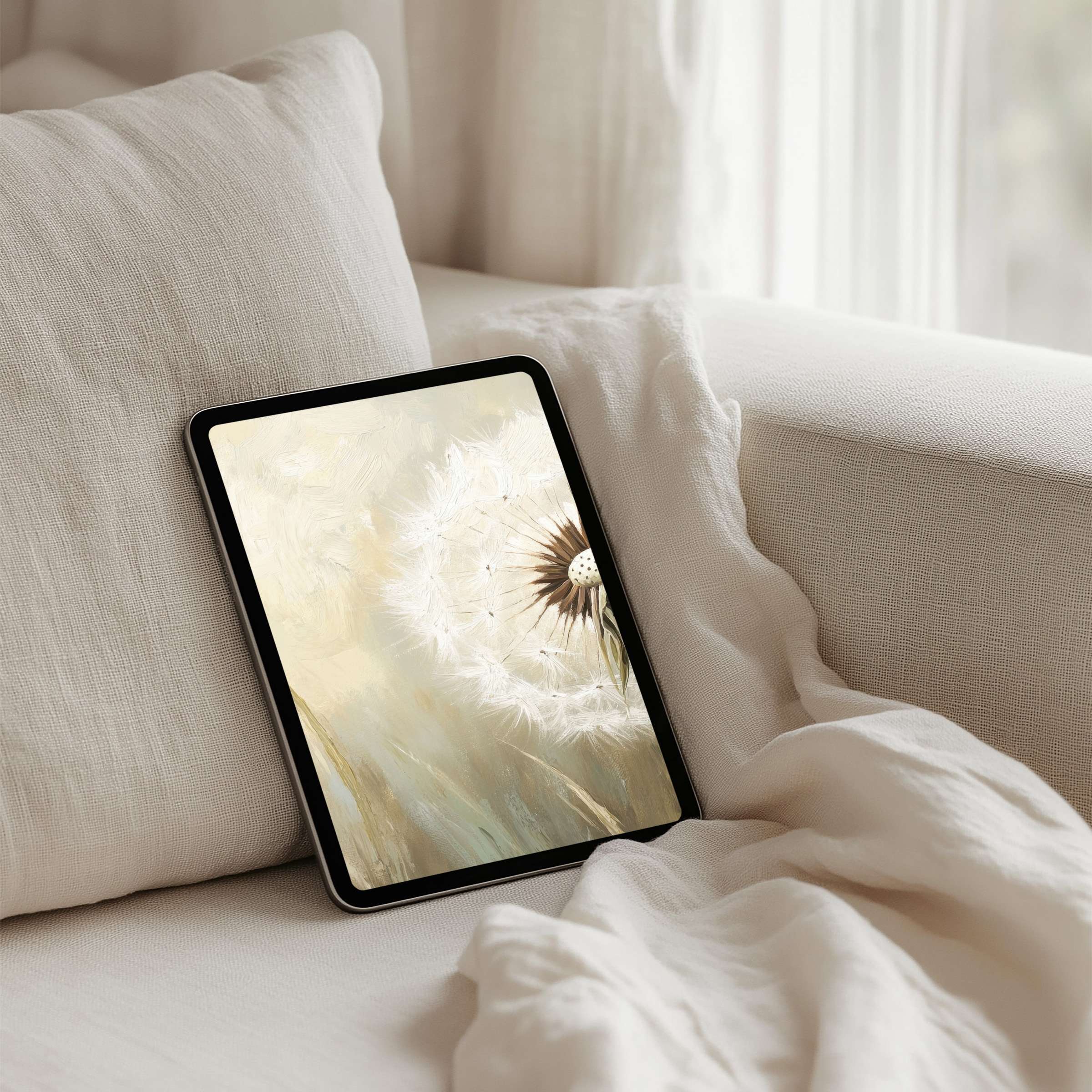 Elegant dandelion art iPad background offers instant download for tablets creating a serene, inspirational living space atmosphere