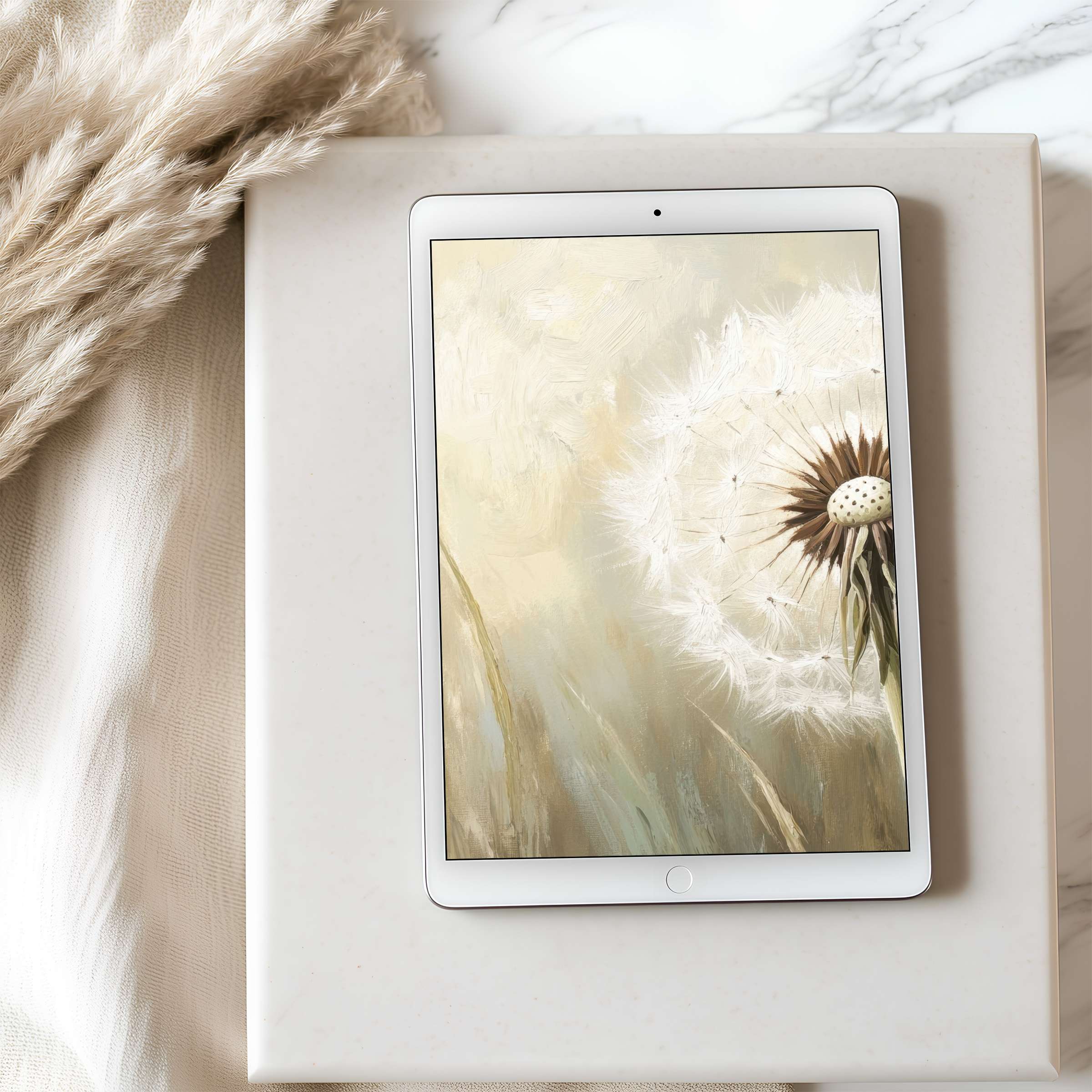 Elegant dandelion motif as tablet wallpaper blends soft neutrals in high resolution for aesthetically soothing digital download