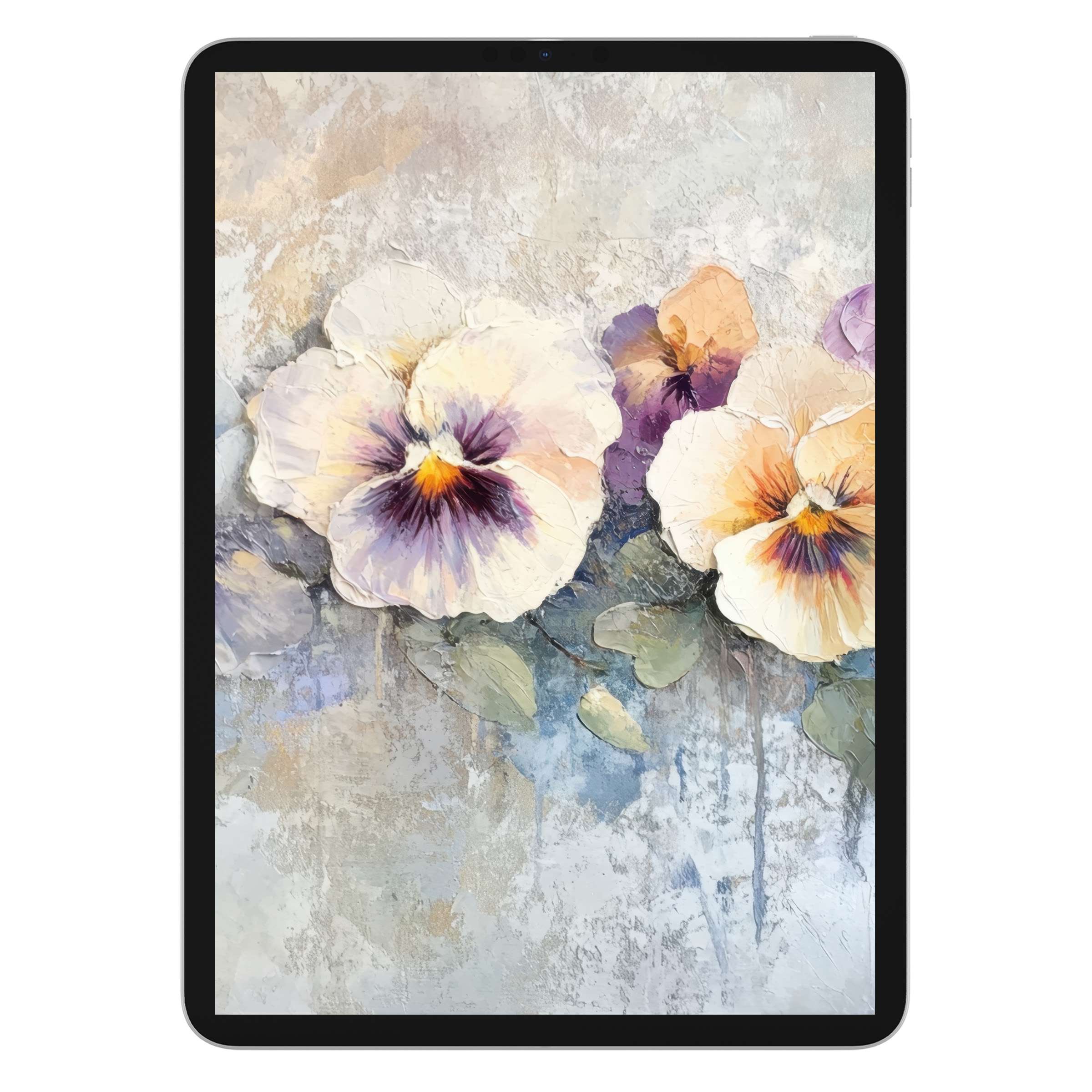 Elegant botanical iPad wallpaper with textured flowers in soft pastels, perfect as a tablet background digital download for tranquility