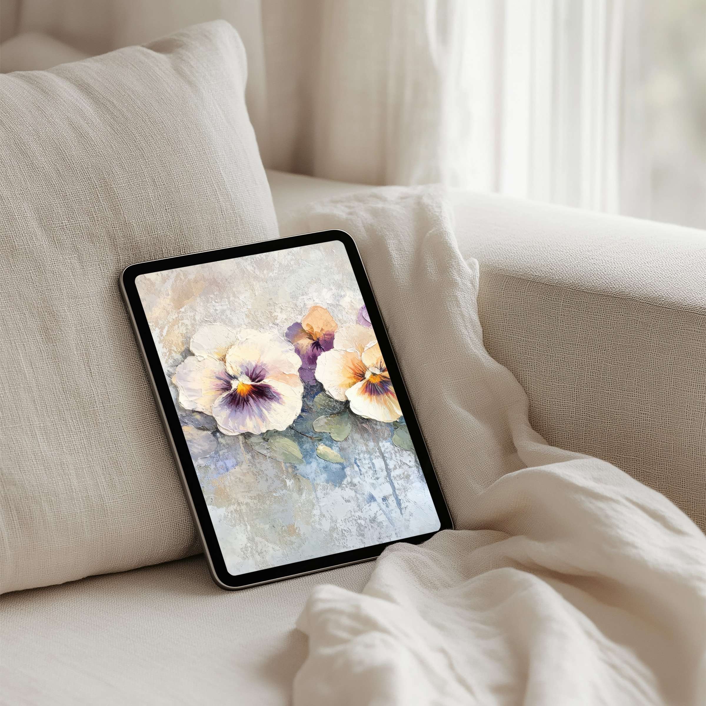 Elegant watercolor flowers on an iPad background offering instant download for a calming tablet experience in any space