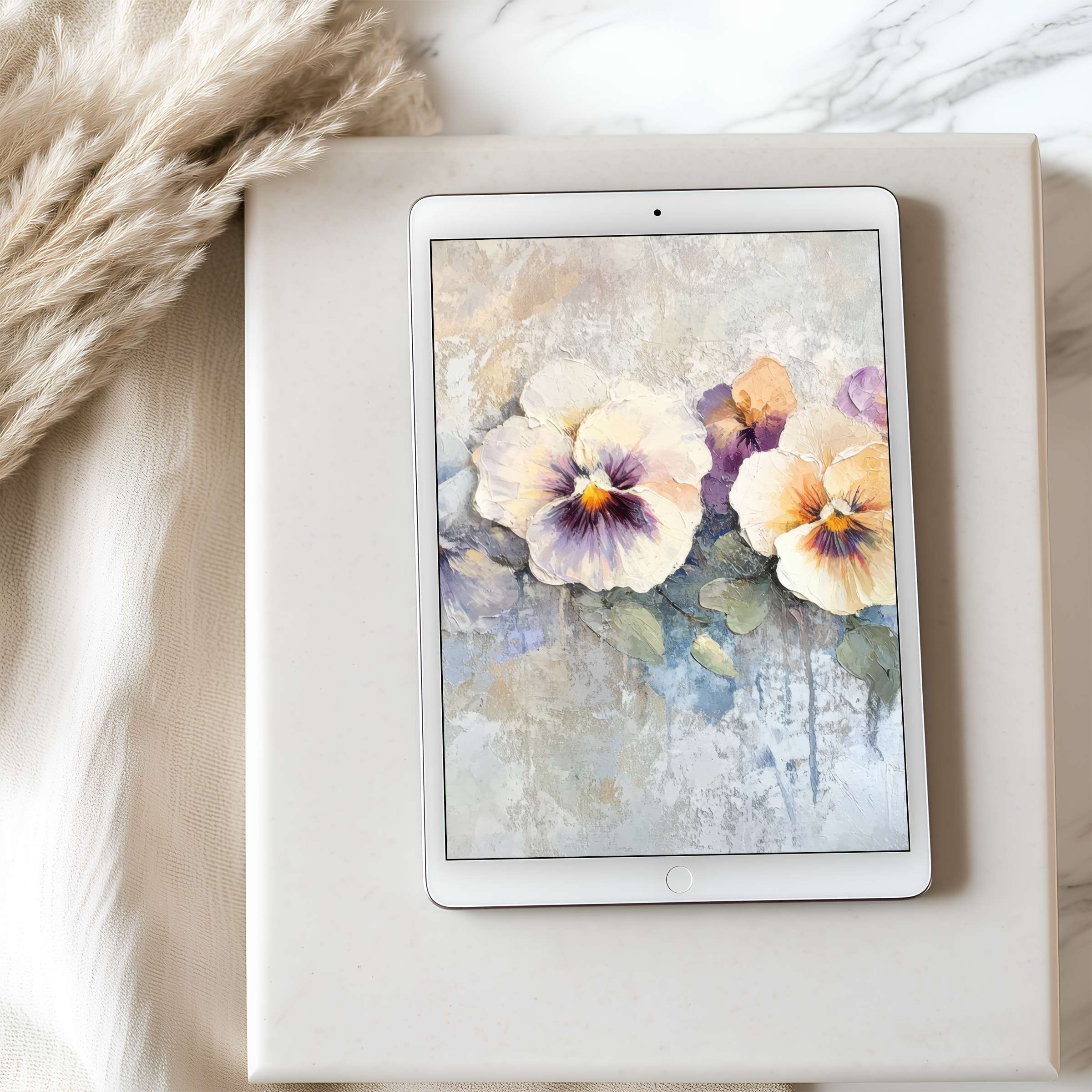 Elegant watercolor flower motif tablet wallpaper, perfect for iPad and Android tablets; offers calming aesthetics and digital download convenience