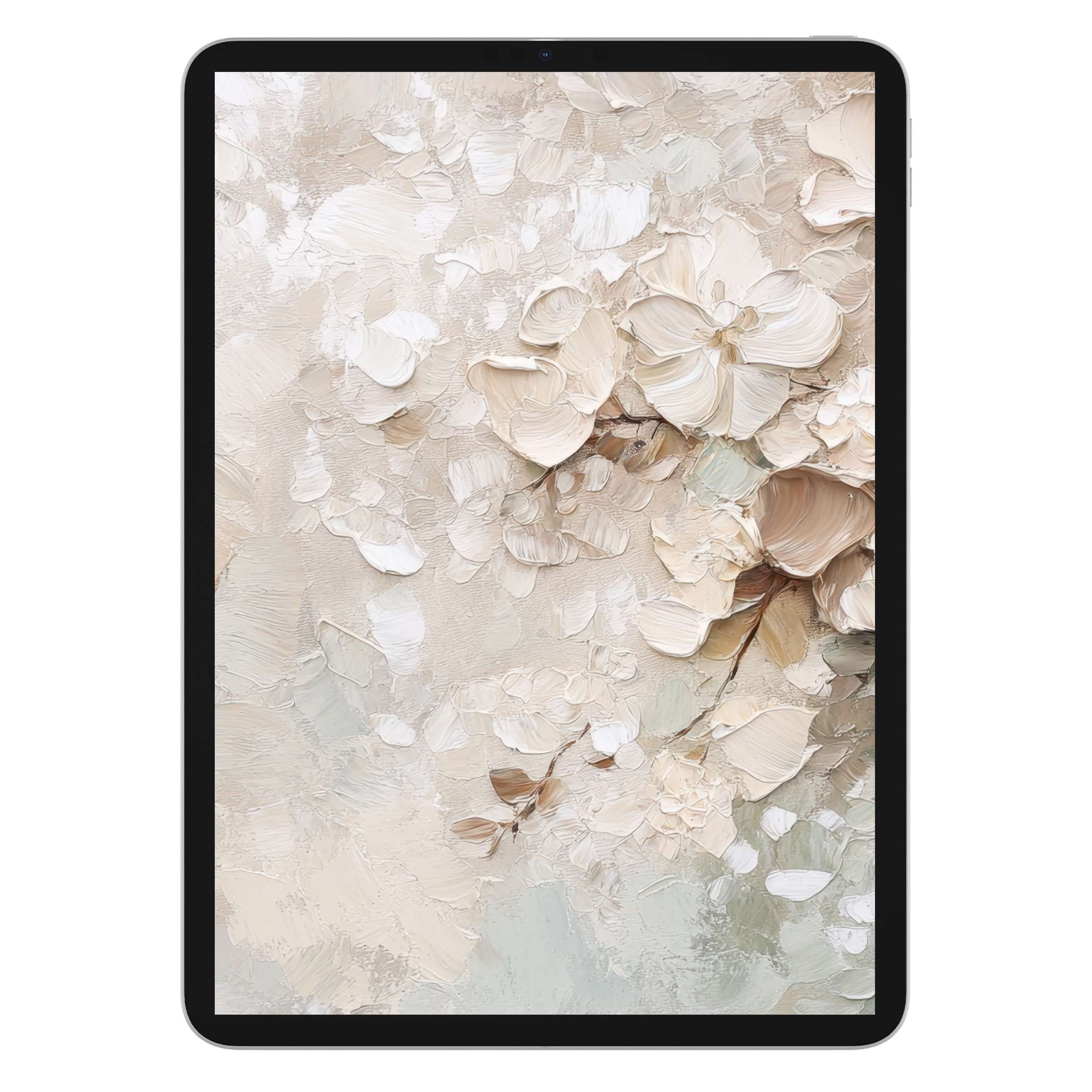 Elegant botanical iPad wallpaper with a soothing beige floral texture, perfect as a digital download for any tablet background