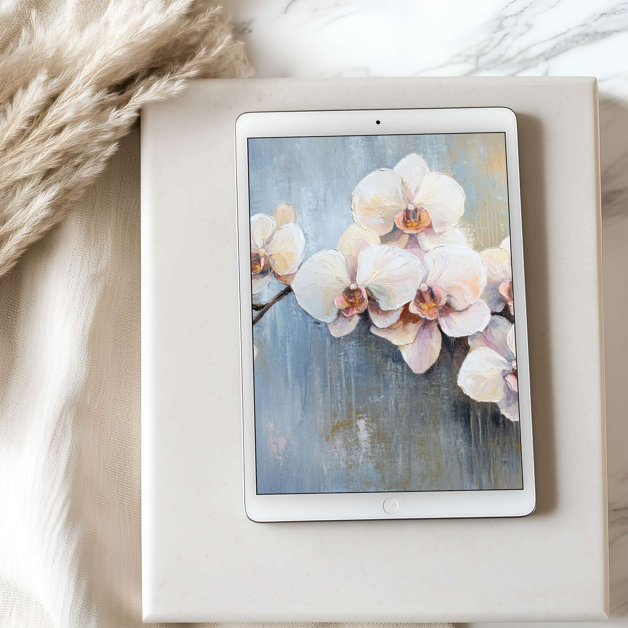 Elegant orchid art tablet wallpaper featuring soft pastel hues set on a high resolution iPad inspires calm and sustainable beauty