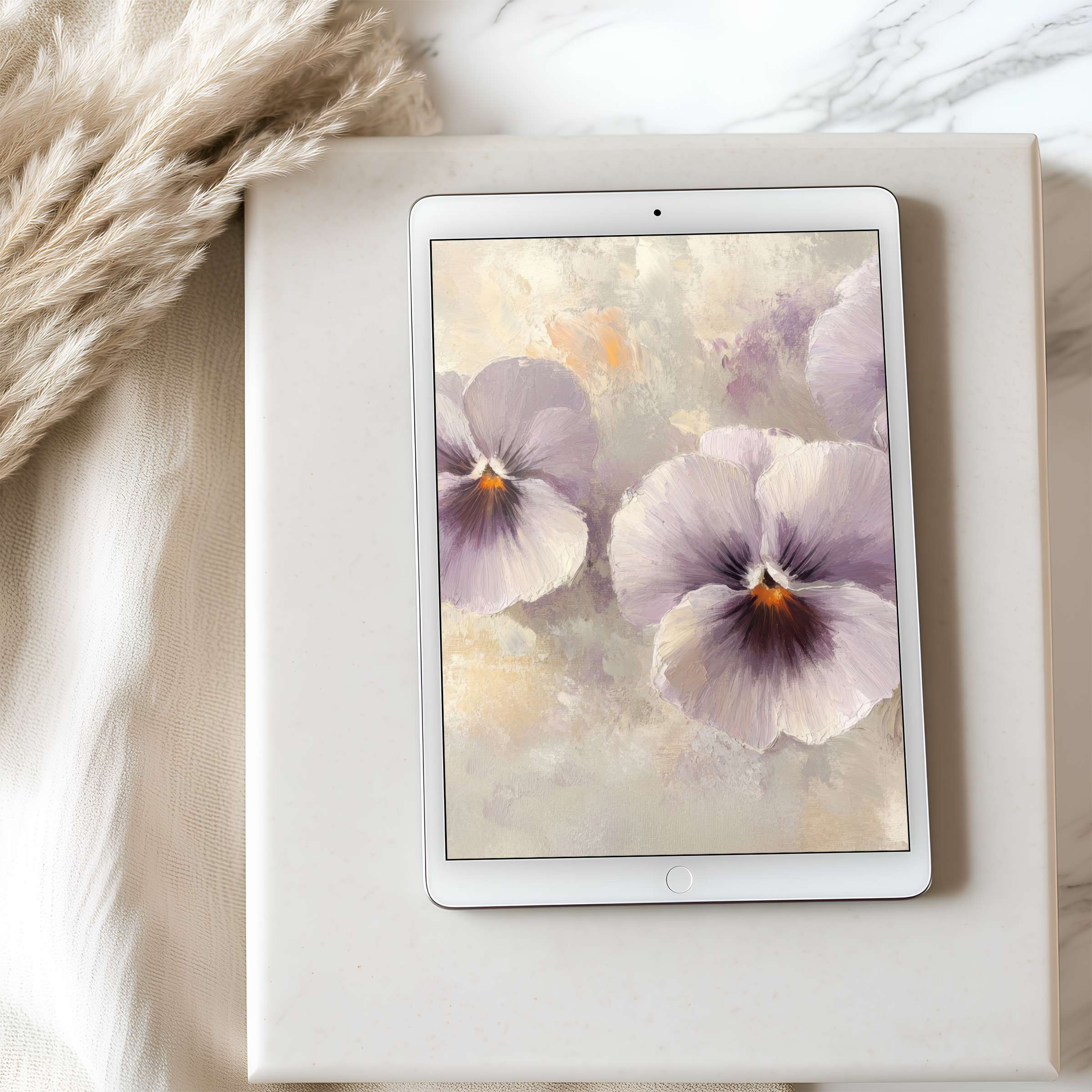 Elegant tablet wallpaper displaying soft pastel floral art, perfect for a serene home decor; fits iPad, high resolution download