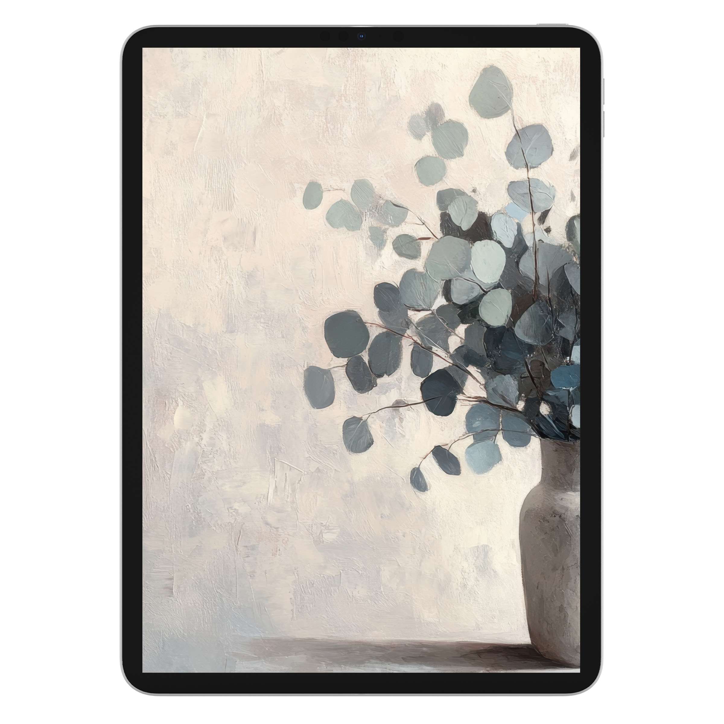 Elegant botanical iPad wallpaper featuring serene eucalyptus painting, perfect digital download for a calming tablet background ambiance