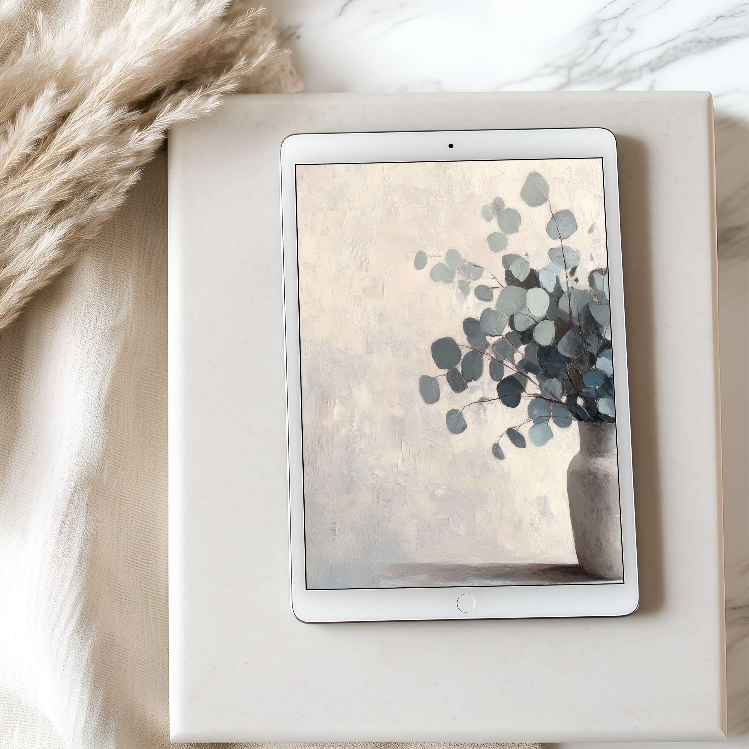 Elegant eucalyptus-themed tablet wallpaper with soft neutral tones, perfect for iPad or Android tablets, digital download for tranquility
