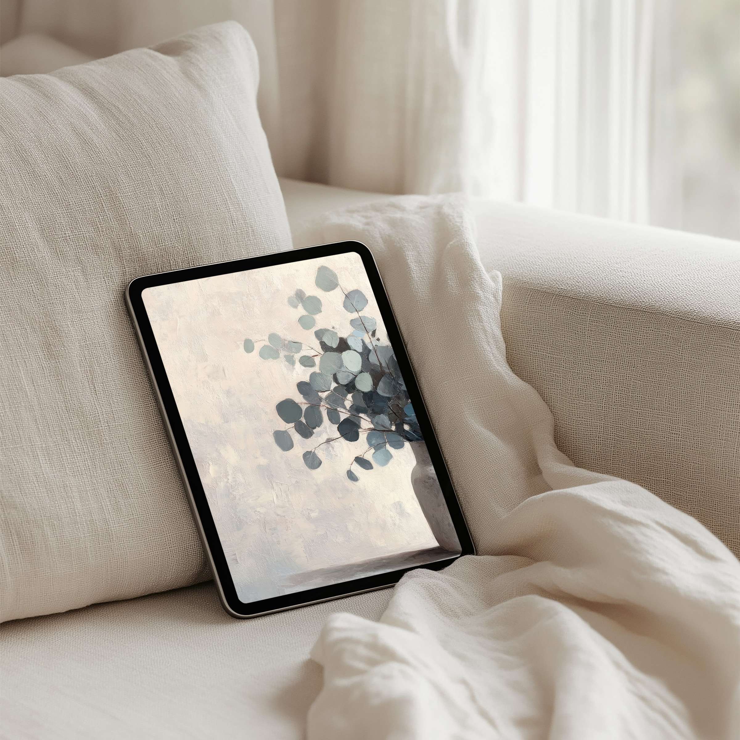 Elegant iPad background with calming blue eucalyptus art perfect for tablets instant download for mindful and serene interiors