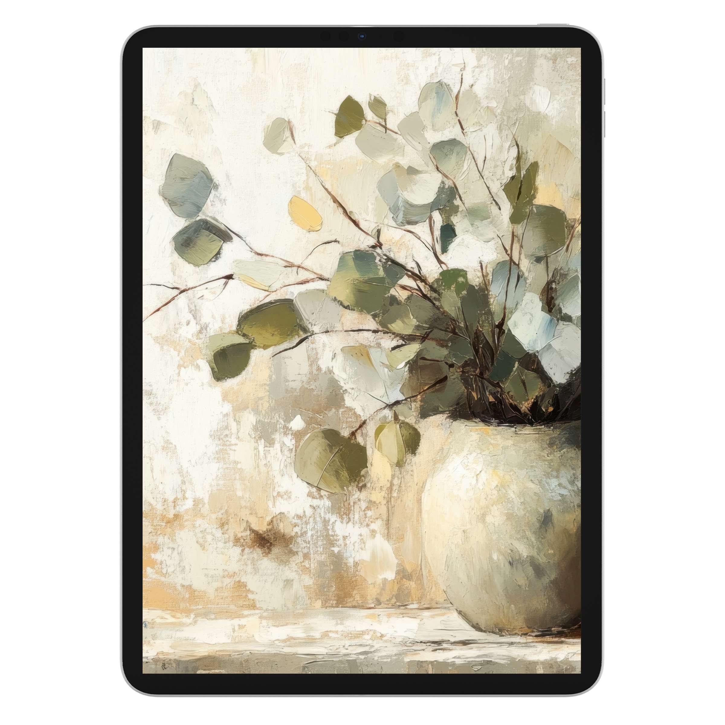 Elegant botanical iPad wallpaper features calming pastel leaves in textured vase art, perfect digital download for tablet background