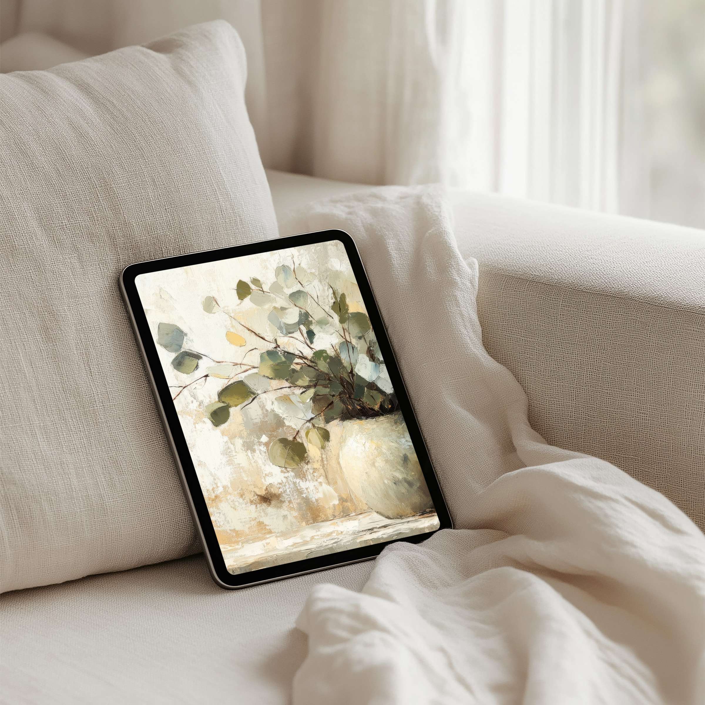 Elegant watercolor leaves on iPad background inspire calm and mindfulness with instant download for any tablet setting