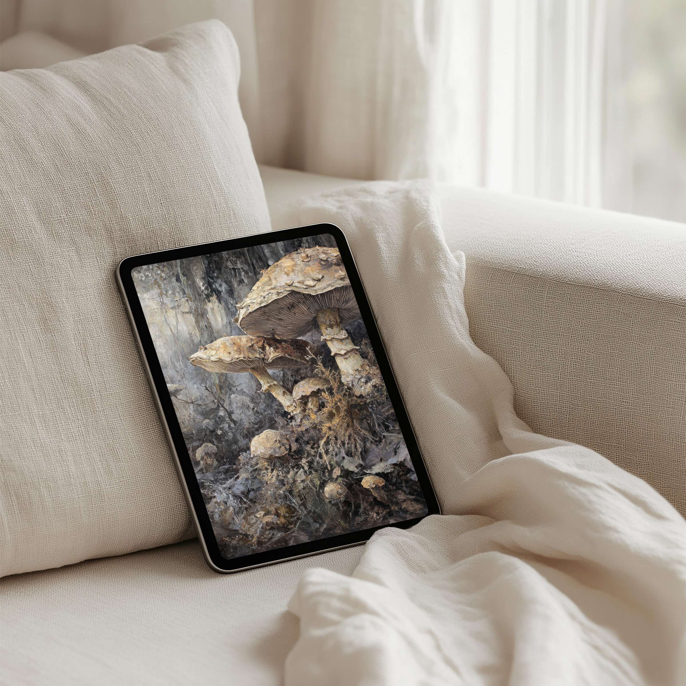 Elegant mushroom art as iPad background for instant download brings calm and inspiration to any tablet environment