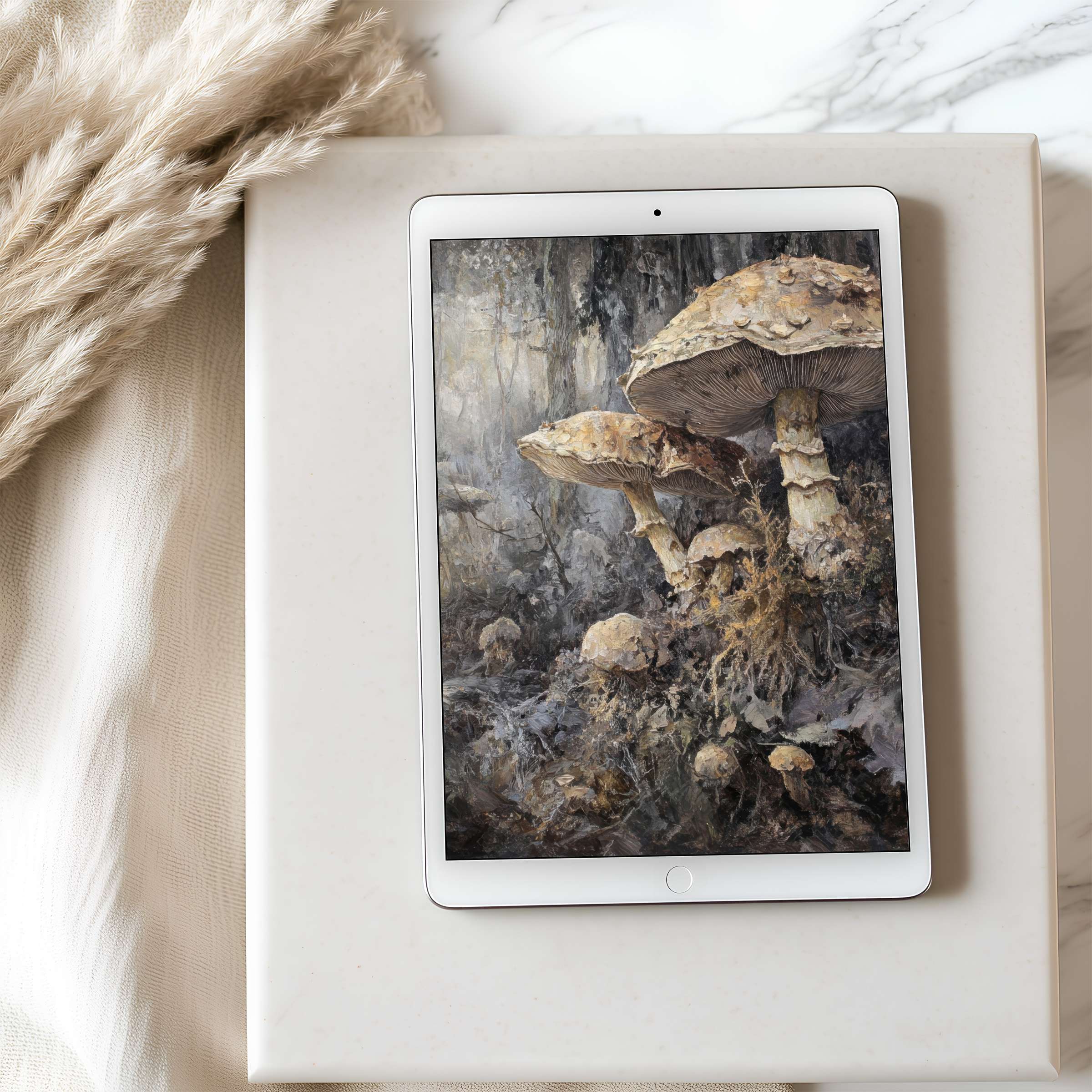 Elegant tablet wallpaper with earthy tones and mushroom art sets a serene vibe perfect for high-resolution digital download
