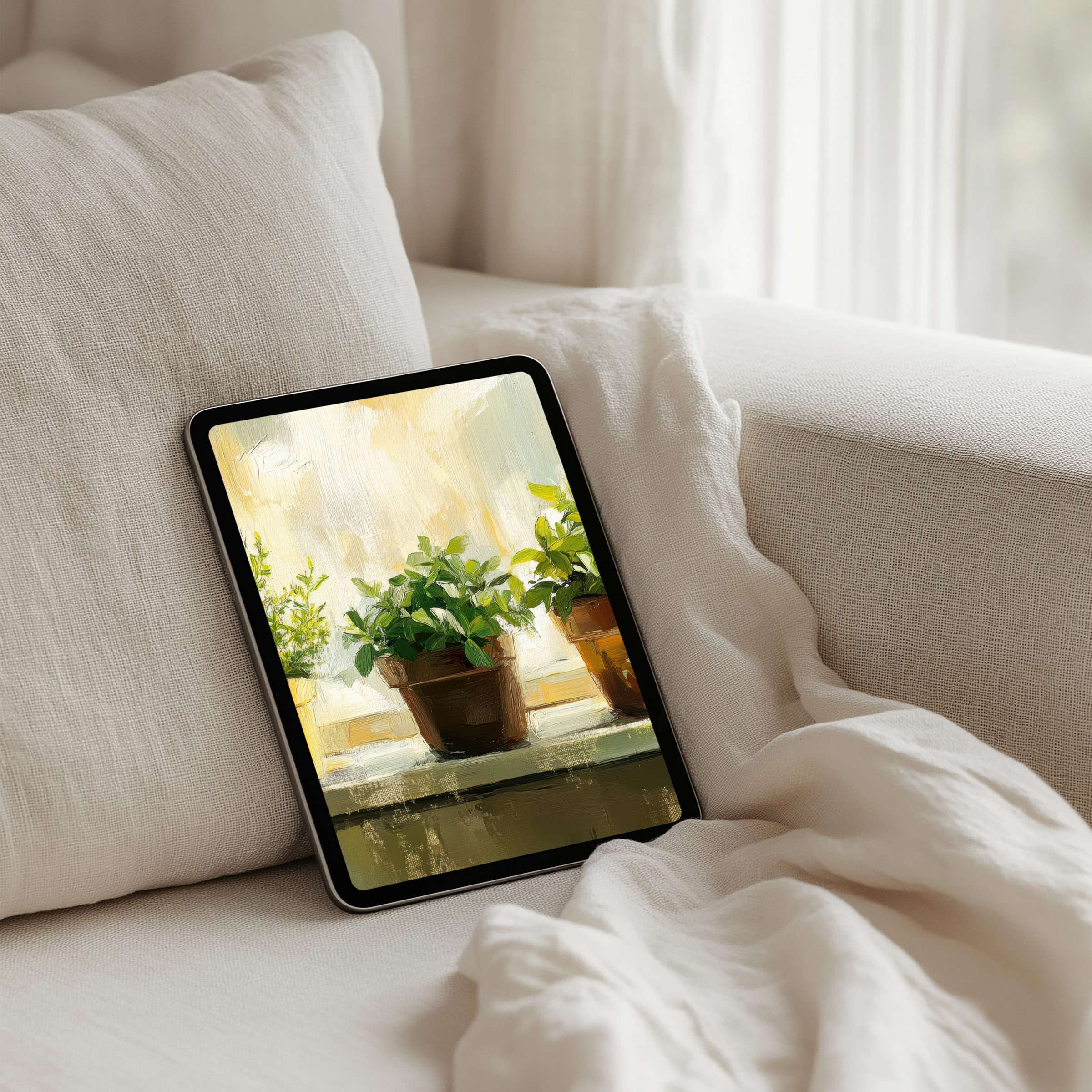 Elegant iPad background for instant download featuring serene potted plants in soft light fits any tablet offering calm inspiration