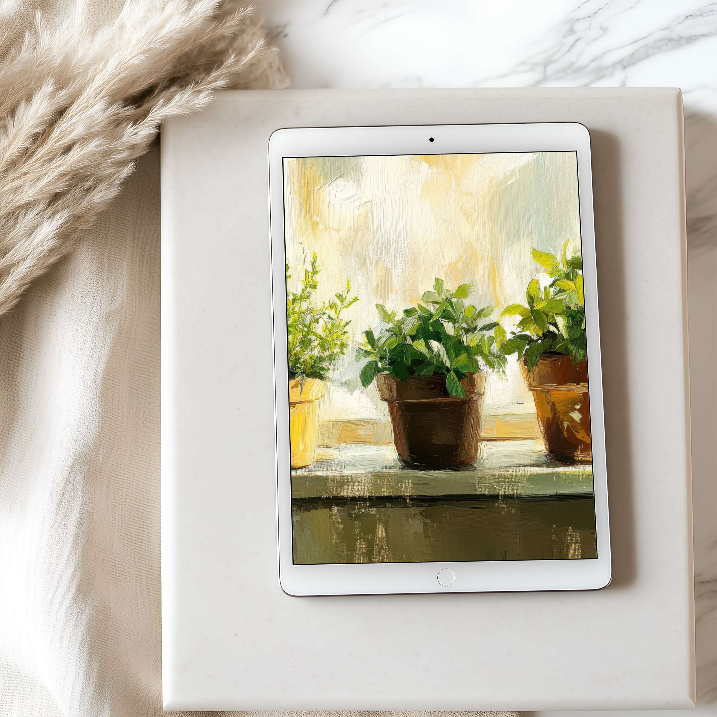 Elegant tablet wallpaper featuring serene plant pots in a high resolution brushstroke style, perfect for digital download and iPad use