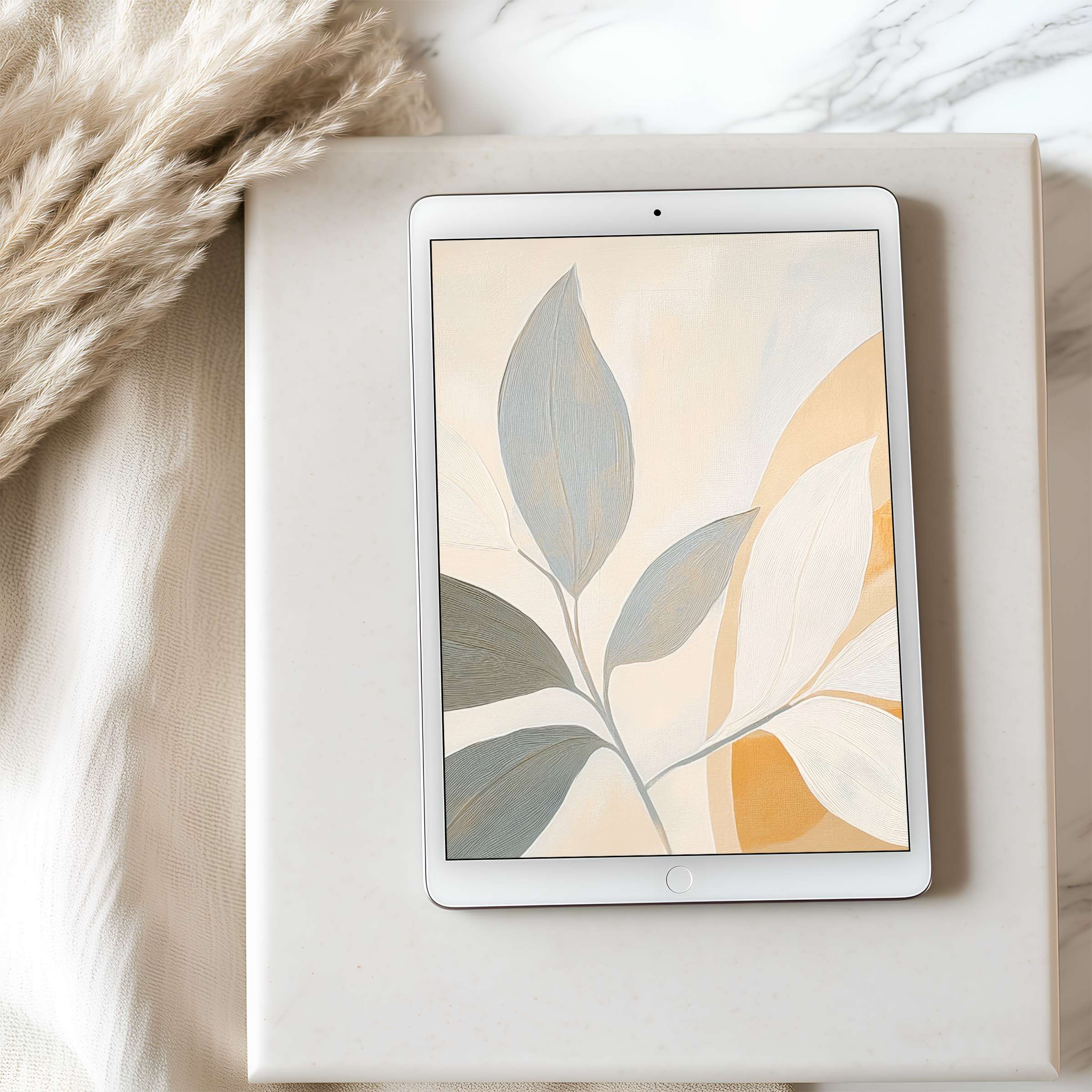 Elegant tablet wallpaper featuring soft neutral leaves, perfect for iPad and Android, adds calming beauty to any curated digital space