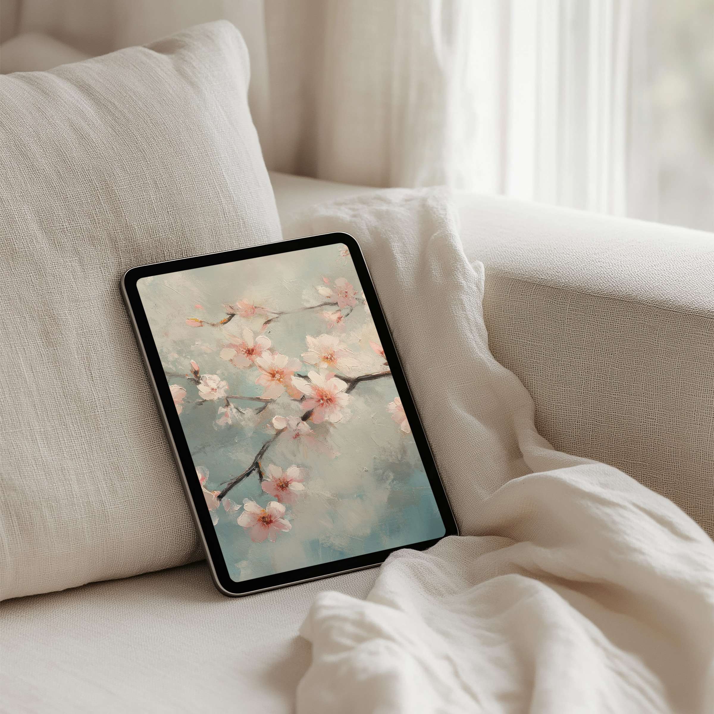 Elegant floral iPad background offering instant download for tablets delivers mindful inspiration with soft pink blossoms on blue canvas