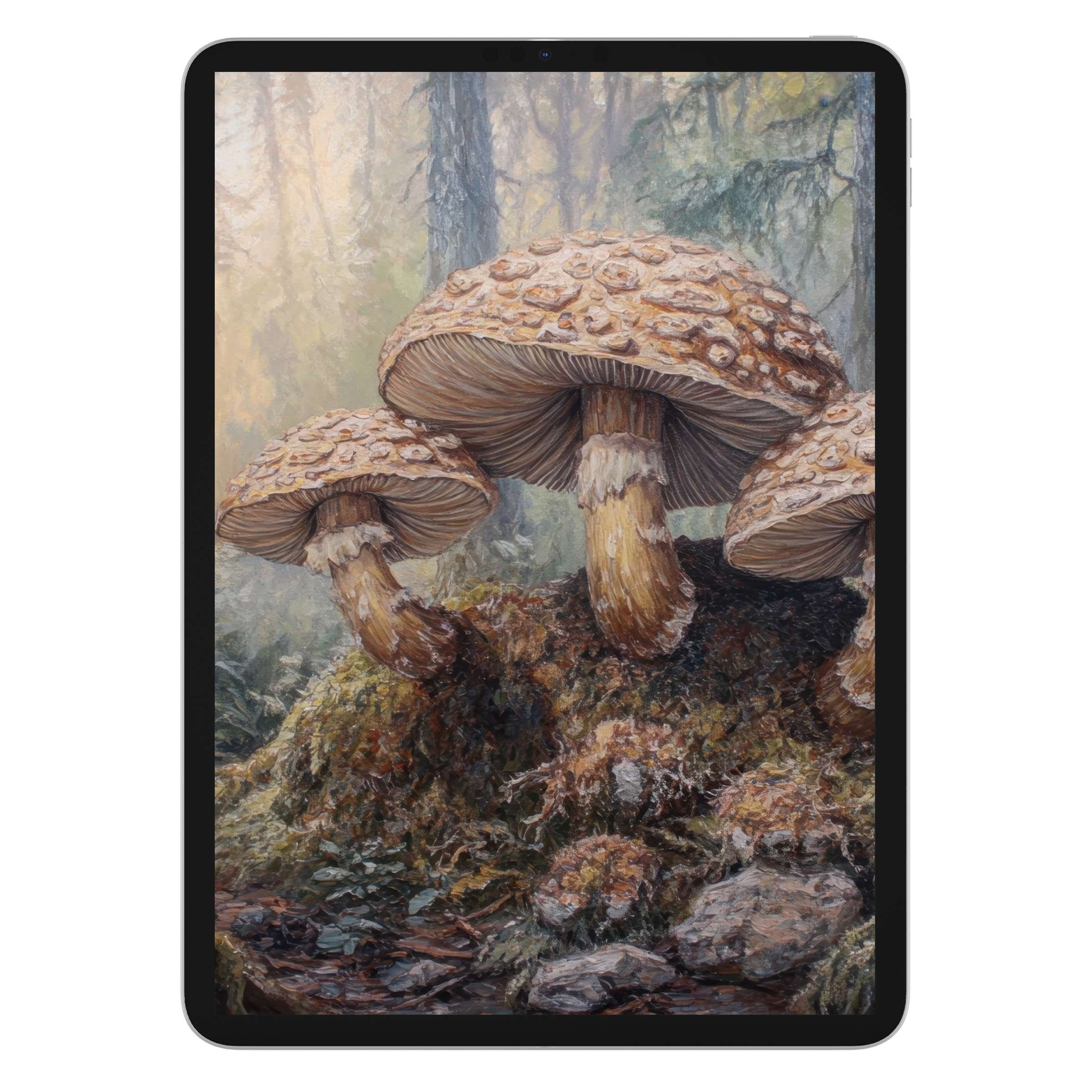Botanical iPad wallpaper featuring detailed mushrooms on a serene forest floor digital download creating a calming tablet background