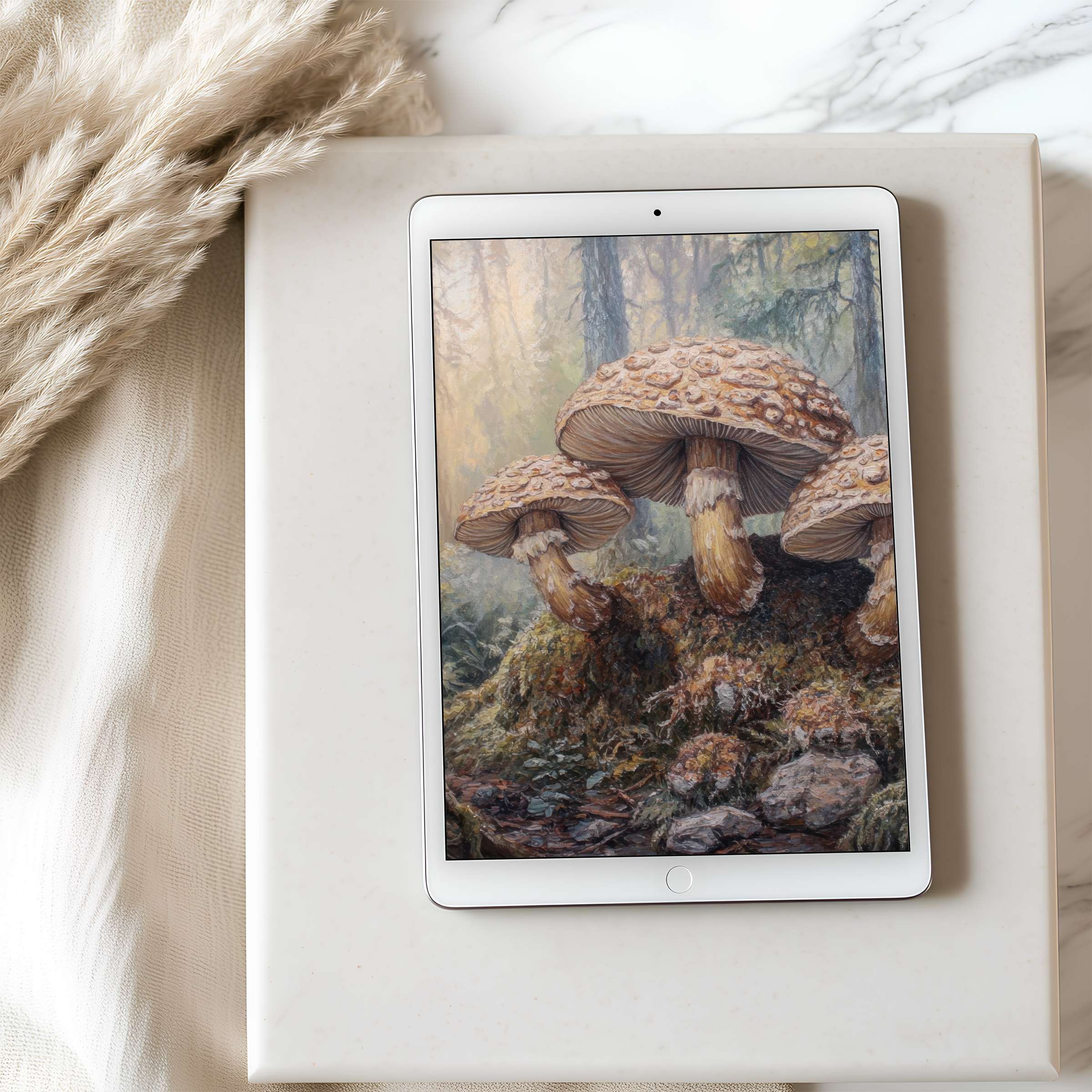 Elegant tablet wallpaper with serene mushroom art in earthy tones, ideal for high resolution iPad display, digital download available