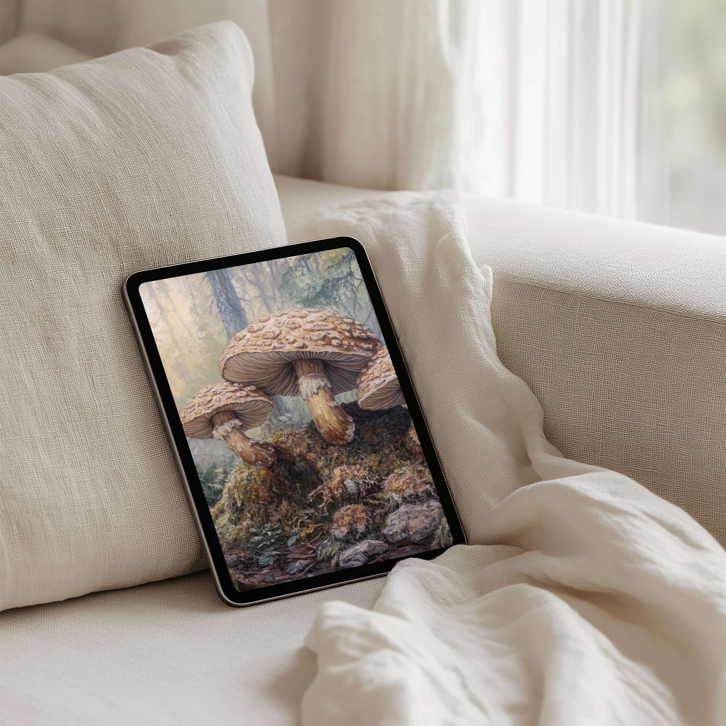 Mushroom art iPad background exudes natural calm and elegance for your tablet experience instant download for mindful decor