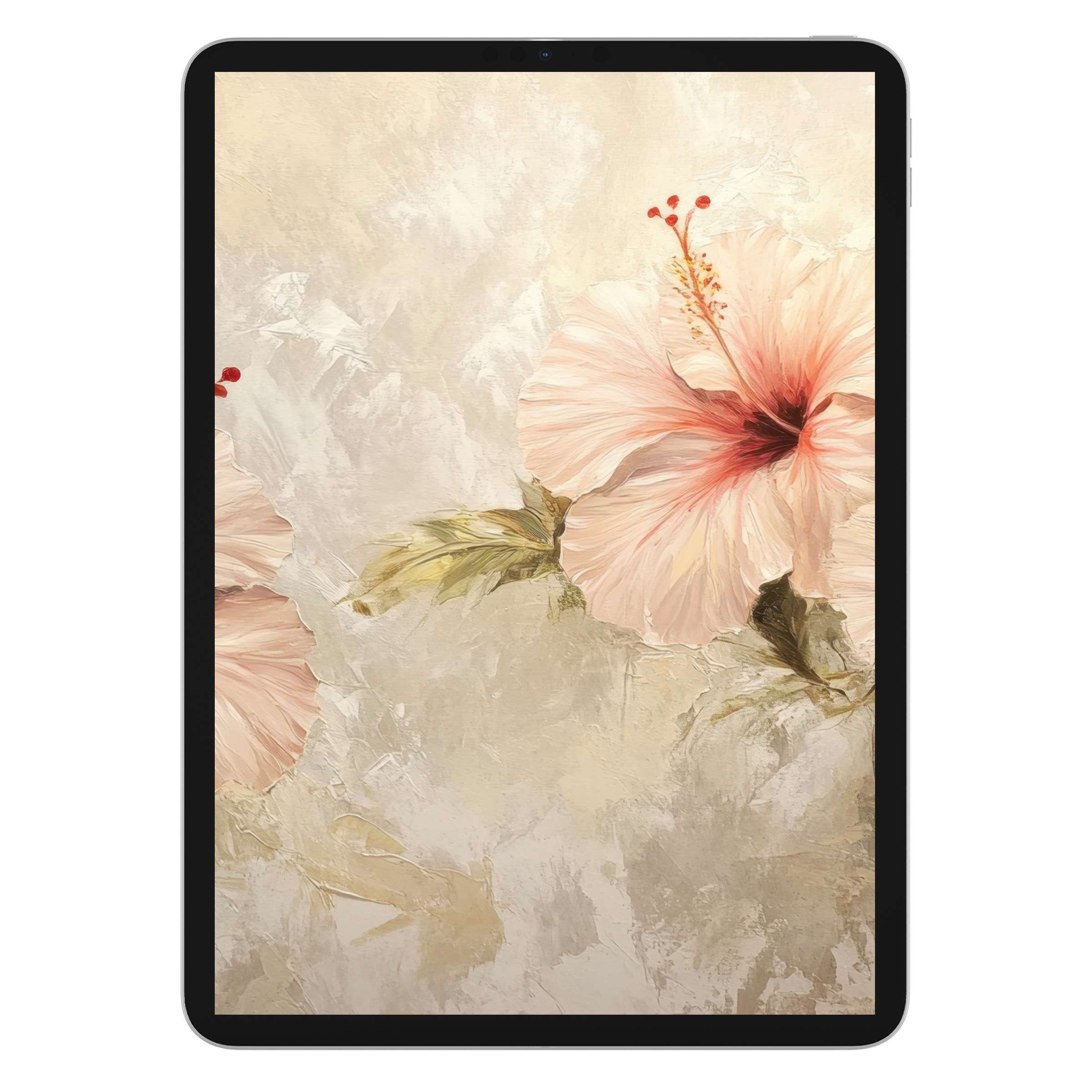 Elegant botanical iPad wallpaper with soft pink flowers on a textured background perfect for tablet digital download serenity