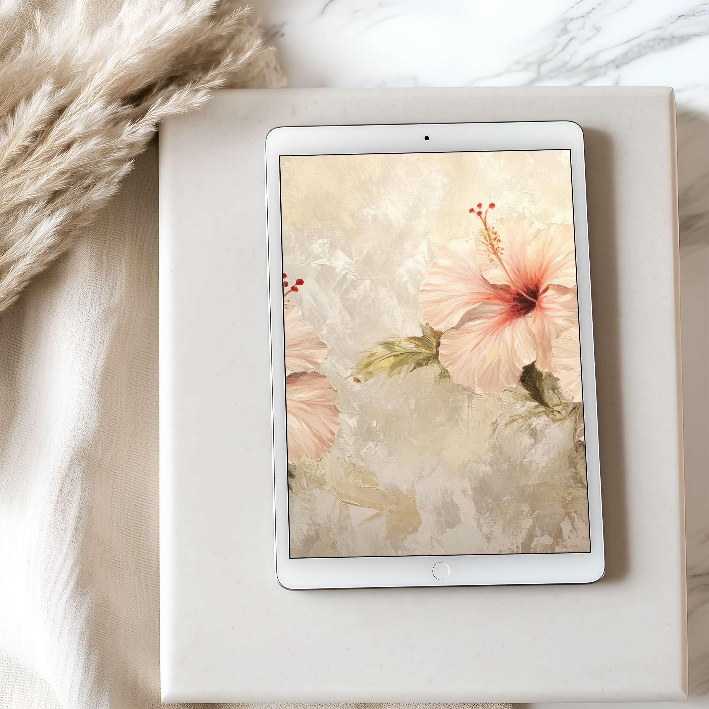 Elegant tablet wallpaper featuring soft pink hibiscus on textured backdrop, ideal for iPad and Android Download high resolution now