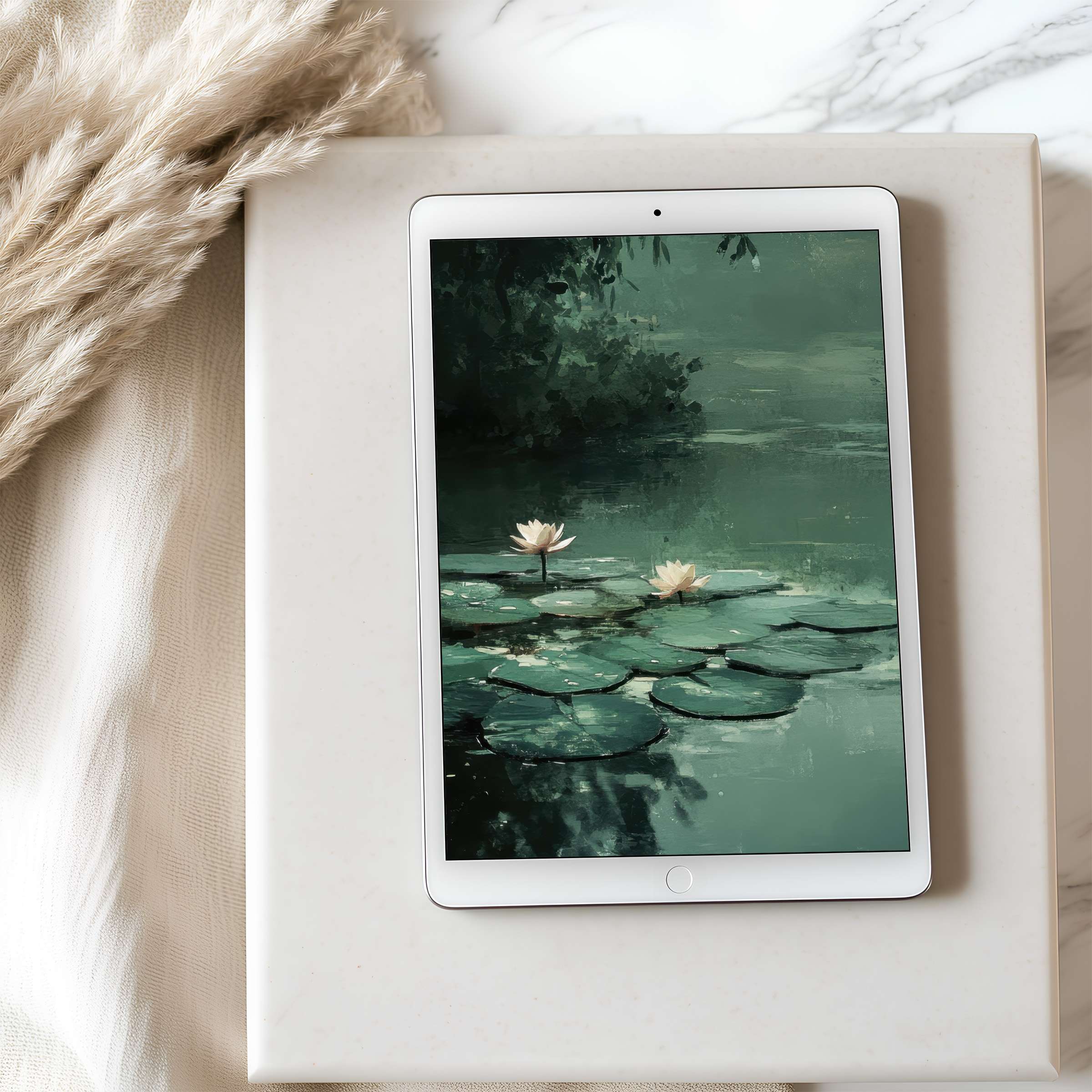 Calming tablet wallpaper featuring serene lily pads in a high-resolution, elegant digital download for iPad and Android tablets