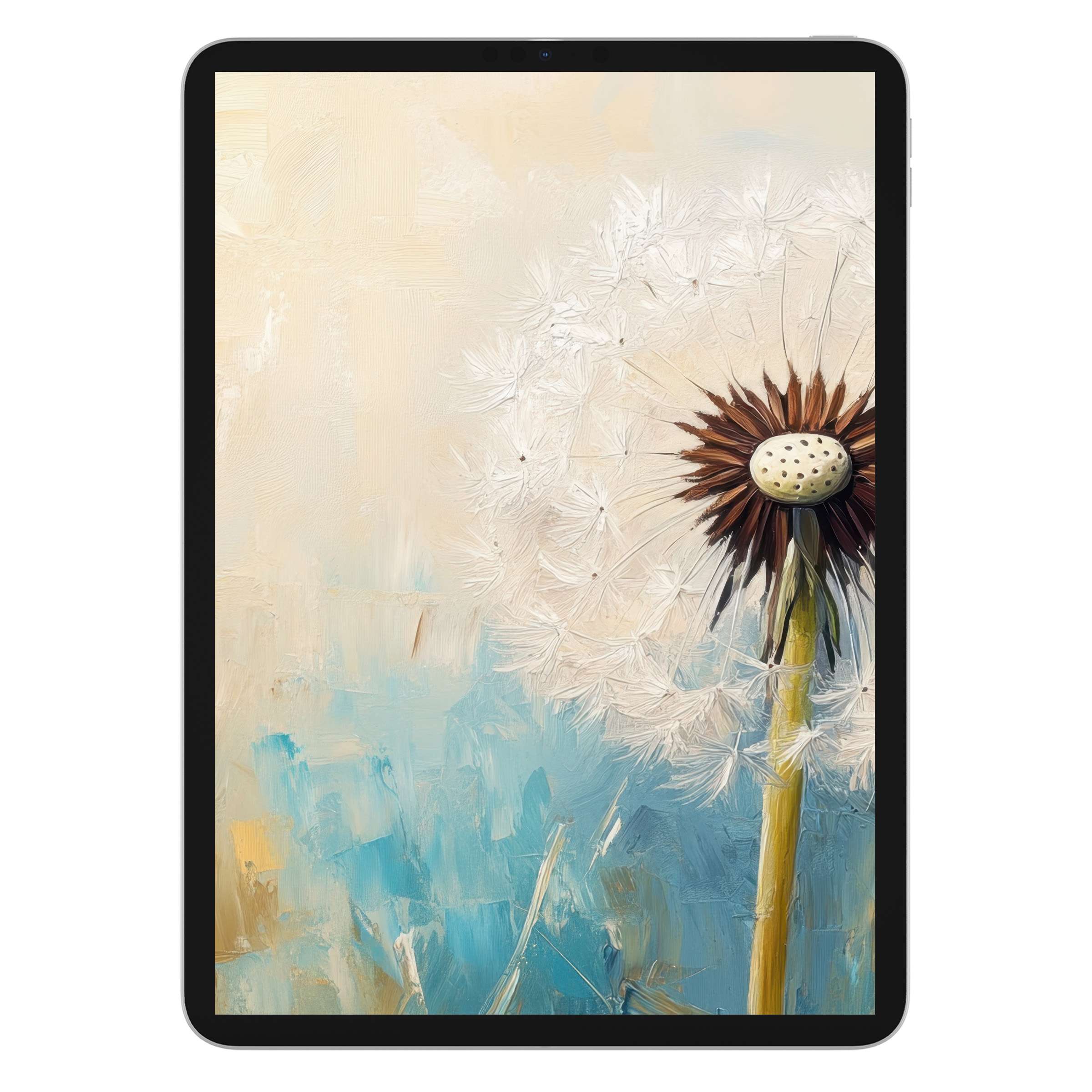 Botanical iPad wallpaper featuring a delicate dandelion against an abstract pastel blue and beige digital background download for tablets