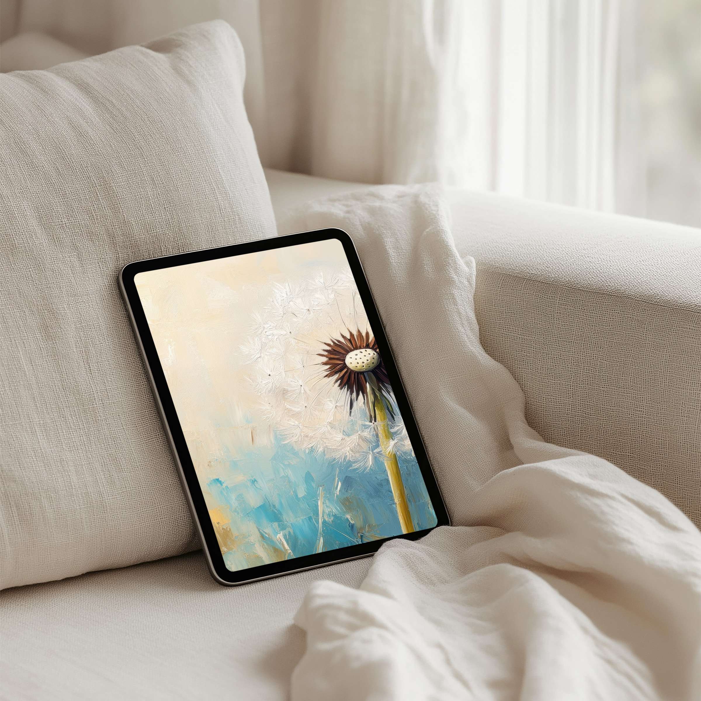 Elegant digital dandelion art in soothing blue and cream, perfect iPad background for instant download, fits all tablets inspiring calm