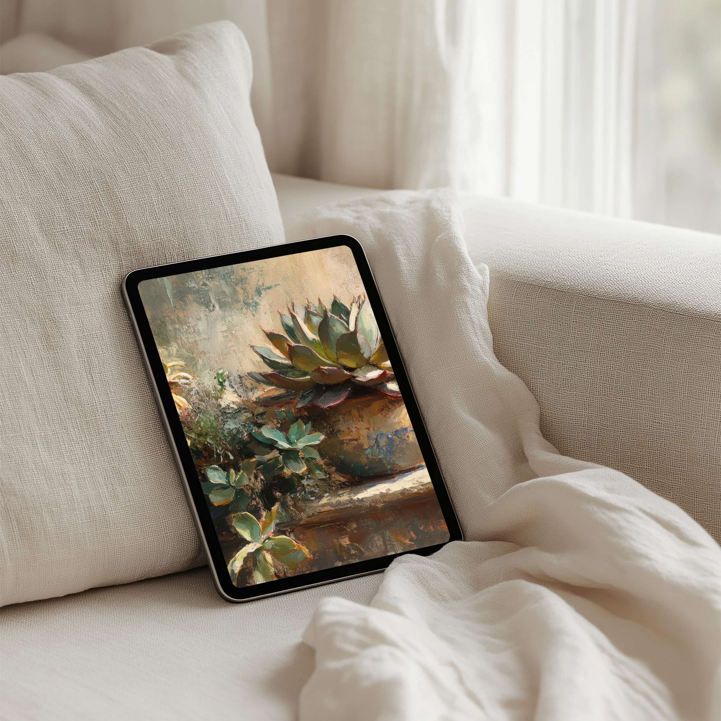 Serene iPad background with succulents in a soft, muted palette, perfect for instant download on any tablet, enhancing calm elegance