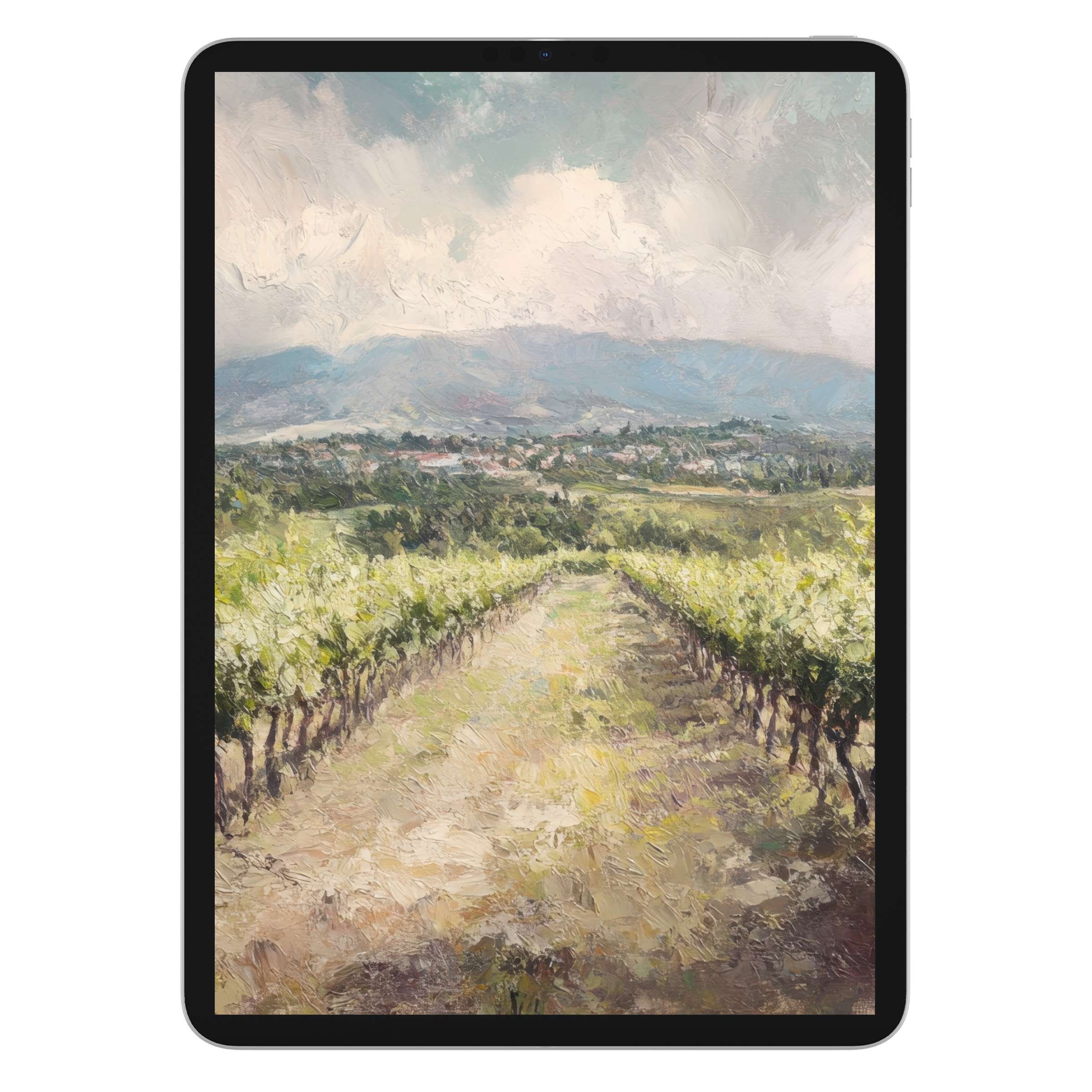 Elegant botanical iPad wallpaper featuring tranquil vineyard landscape painting, ideal digital download for tablet background serenity