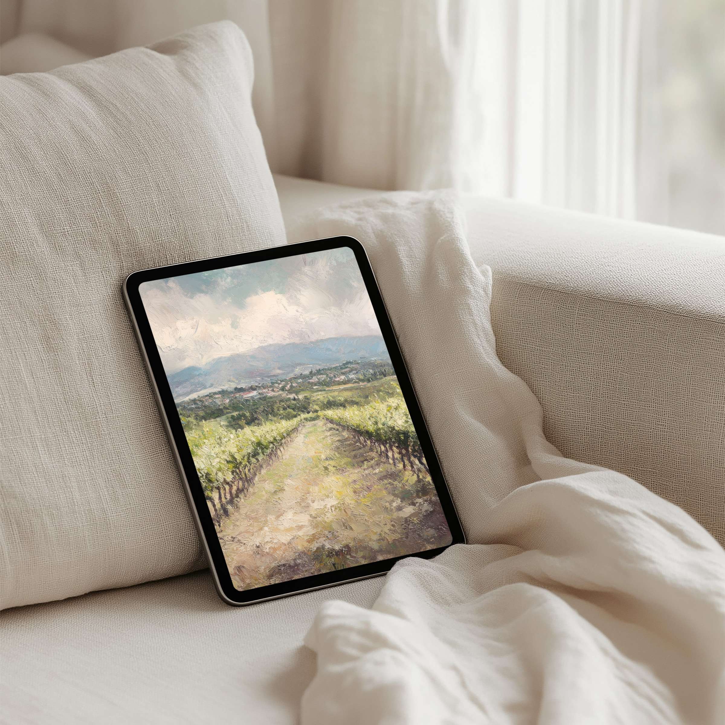 Elegant iPad background showcasing serene vineyard landscape, ideal for mindful design on tablet devices, available as instant download