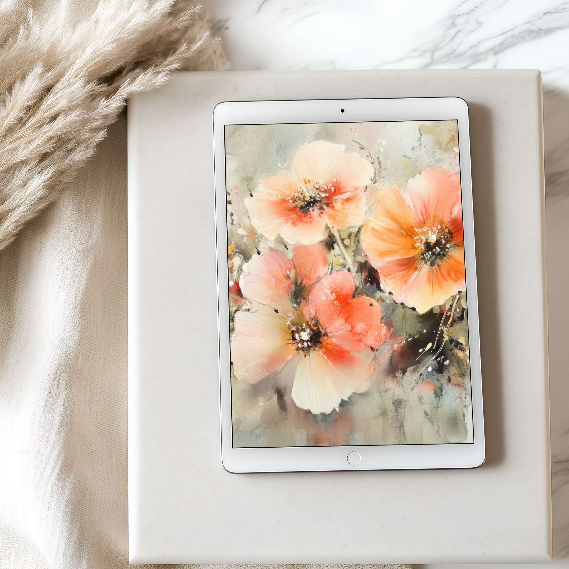 Elegant tablet wallpaper featuring soft watercolor florals evokes calm and beauty, perfect for iPad or Android high-resolution digital download