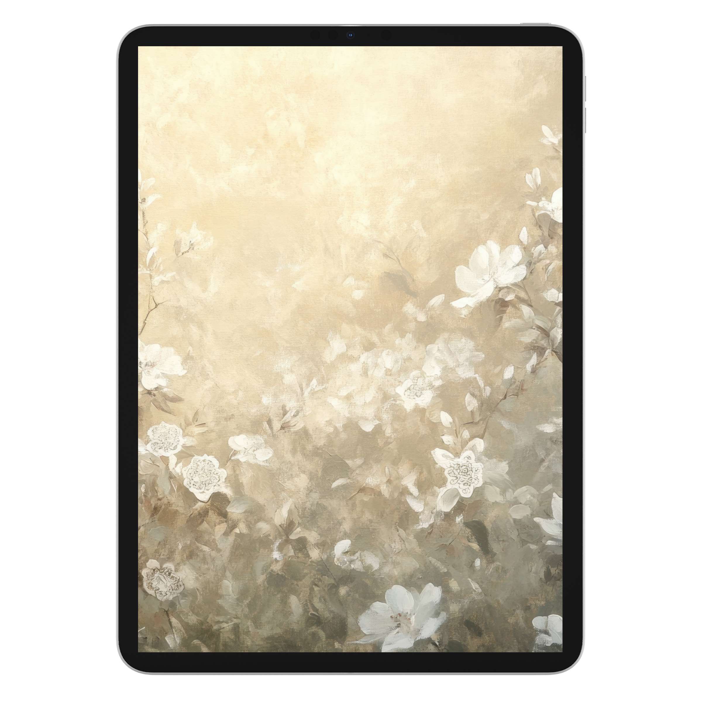 Elegant botanical iPad wallpaper with soft beige floral hues creates a calming background for tablet screens, perfect digital download