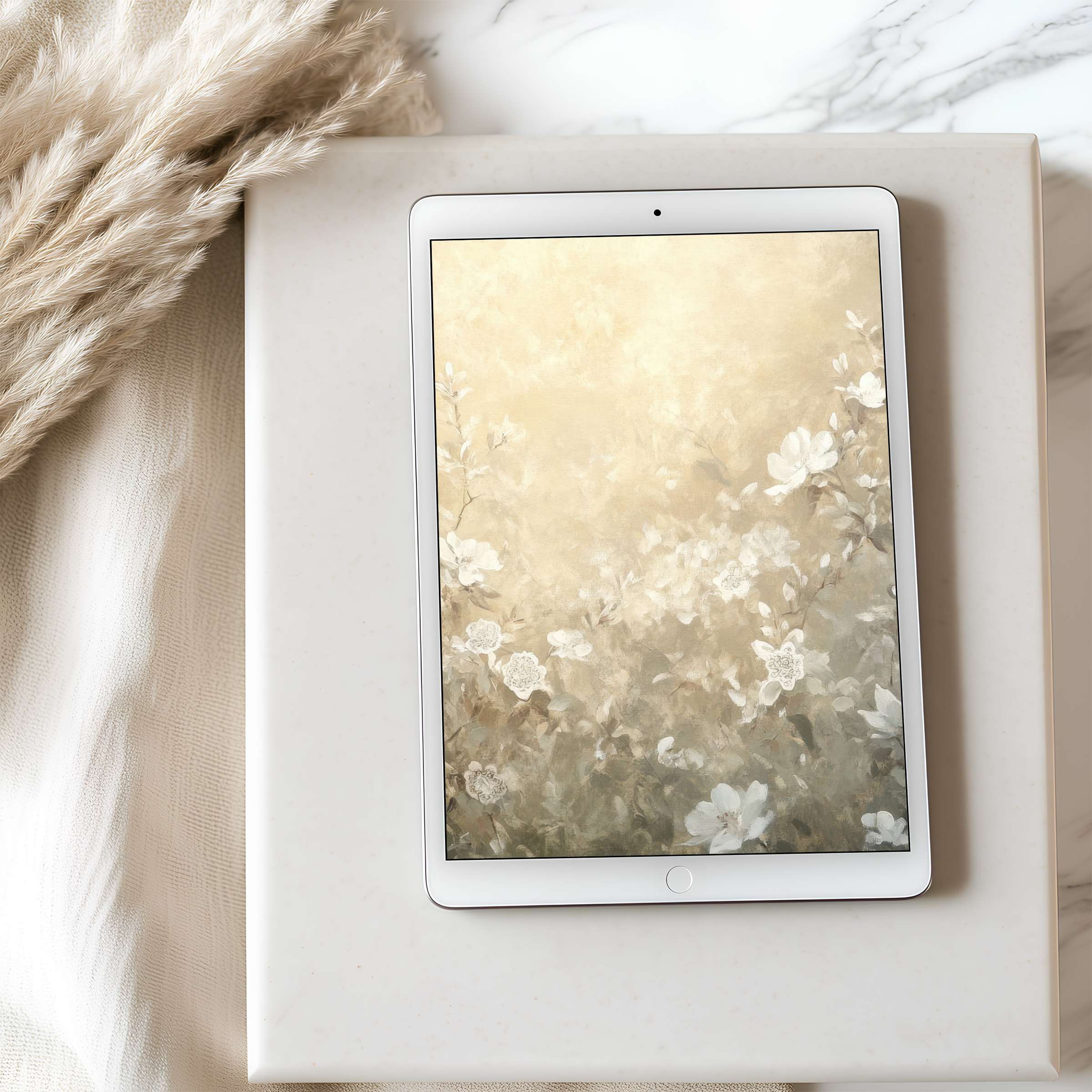 Elegant floral tablet wallpaper in soft beige tones enhances any tablet, offering calm beauty and high resolution for iPad and Android