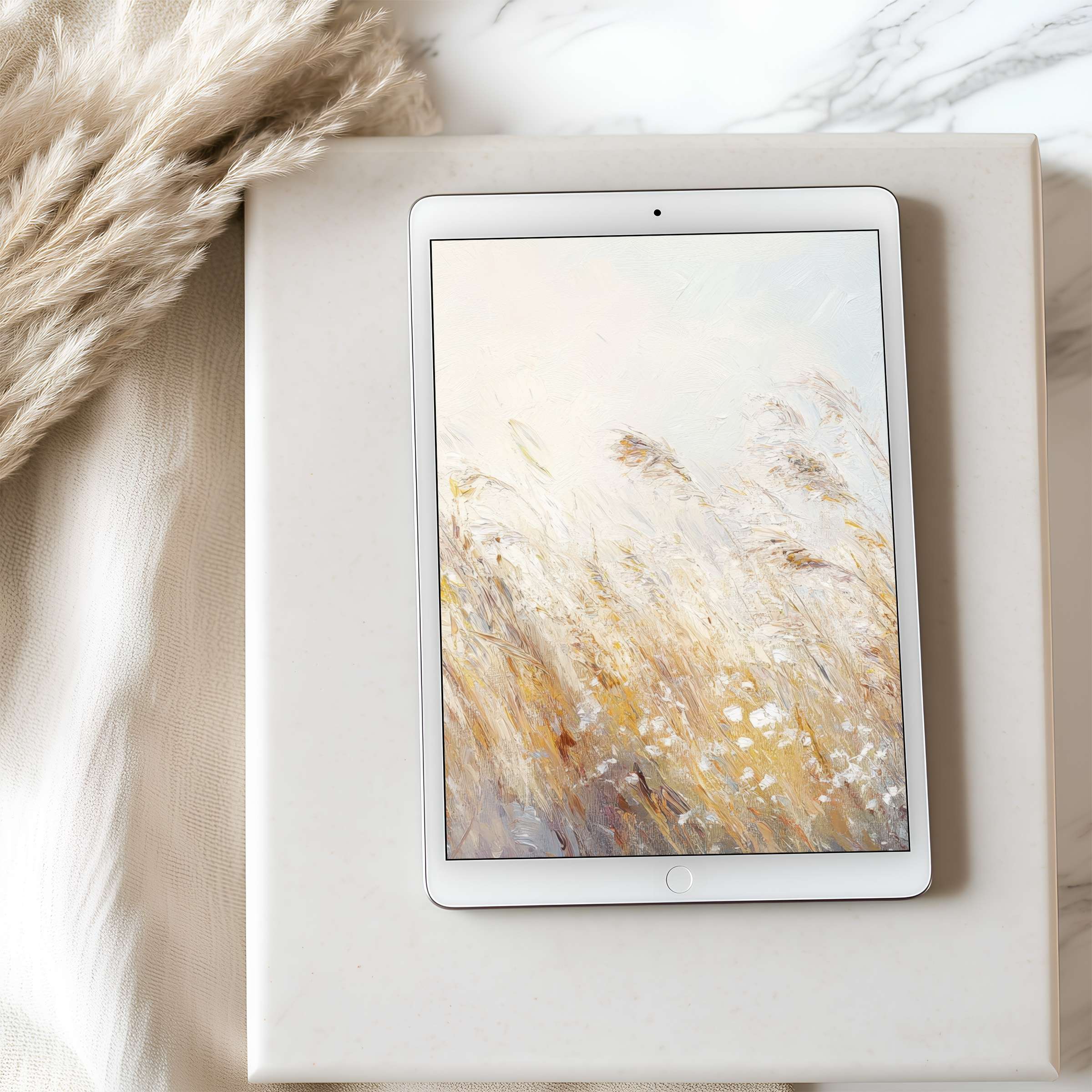 Inspiring tablet wallpaper featuring serene wheat field art in soft pastels perfect for high resolution iPad and Android download