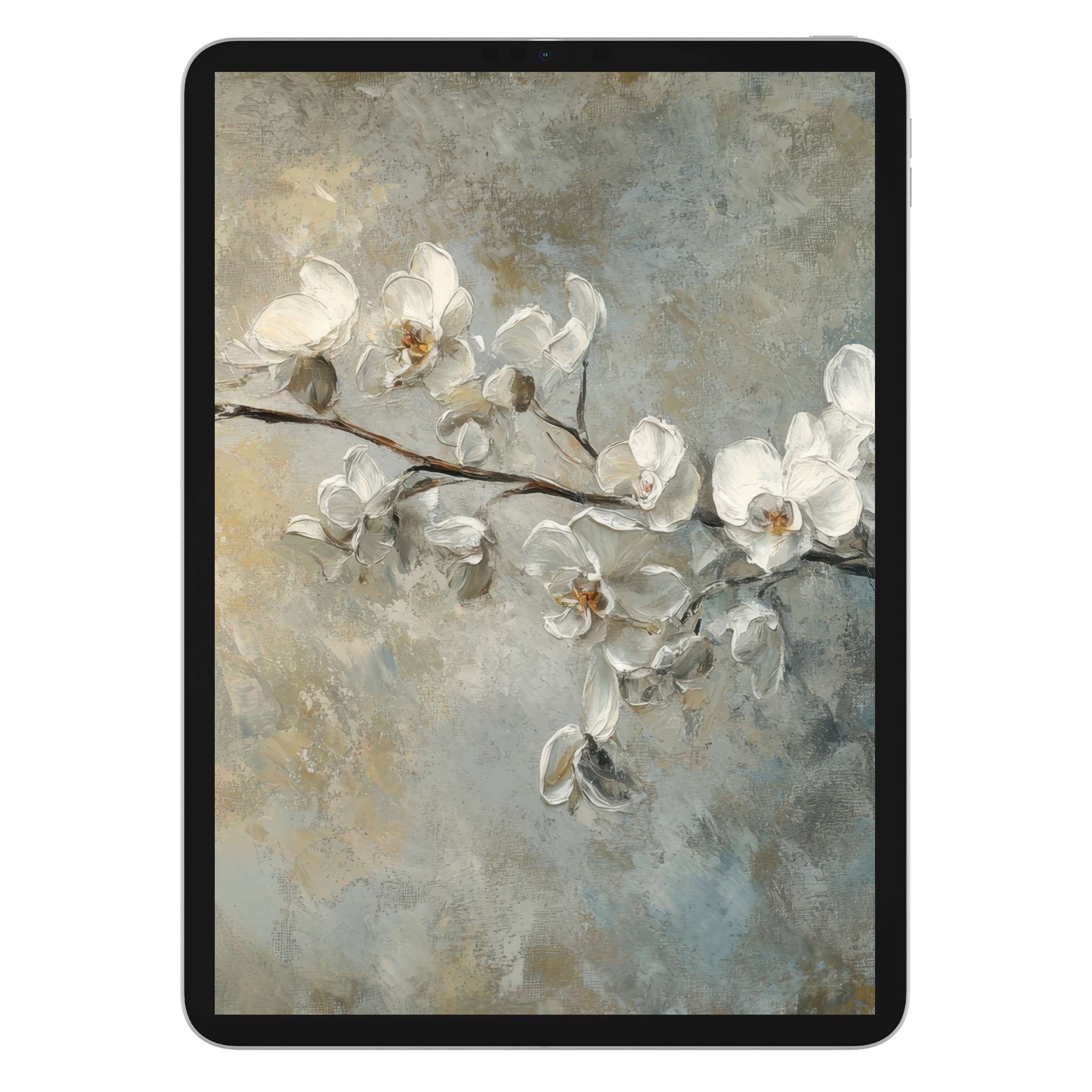 Elegant botanical iPad wallpaper featuring white flowers on a textured canvas background for a calming digital download on tablets