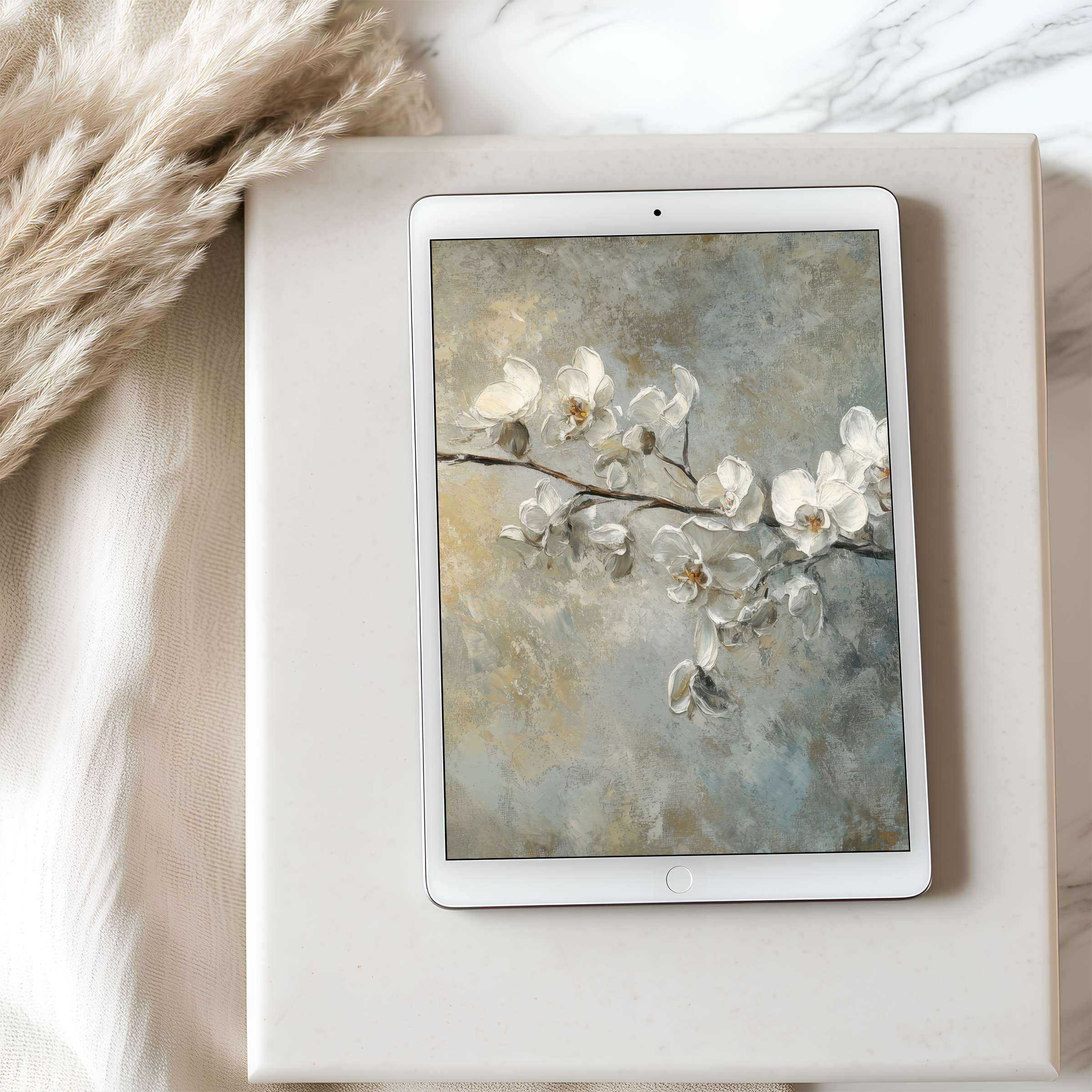 Elegant tablet wallpaper featuring serene white blossoms in soft hues, perfect for high-resolution iPad and Android downloads