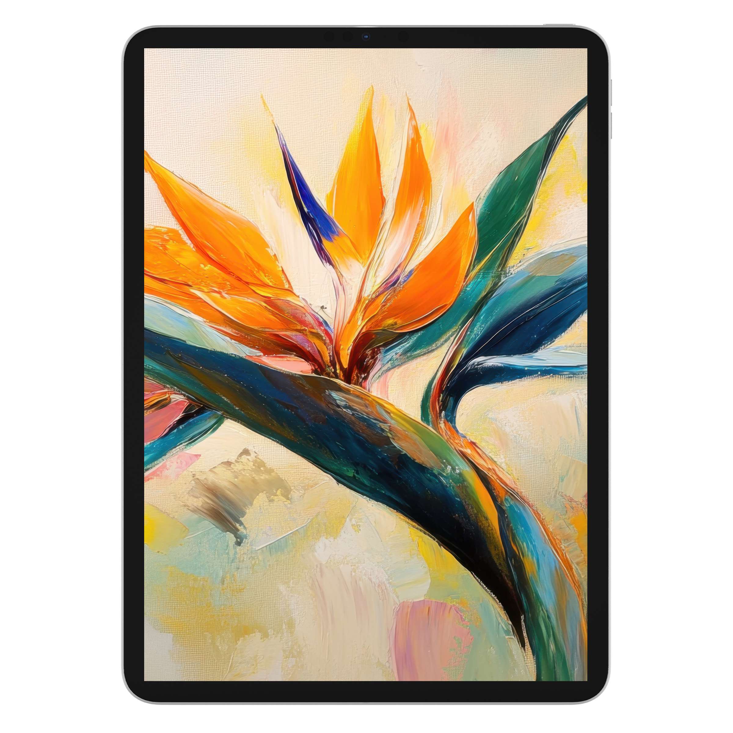 Vibrant botanical iPad wallpaper featuring abstract orange and blue florals ideal for elegant tablet backgrounds digital download