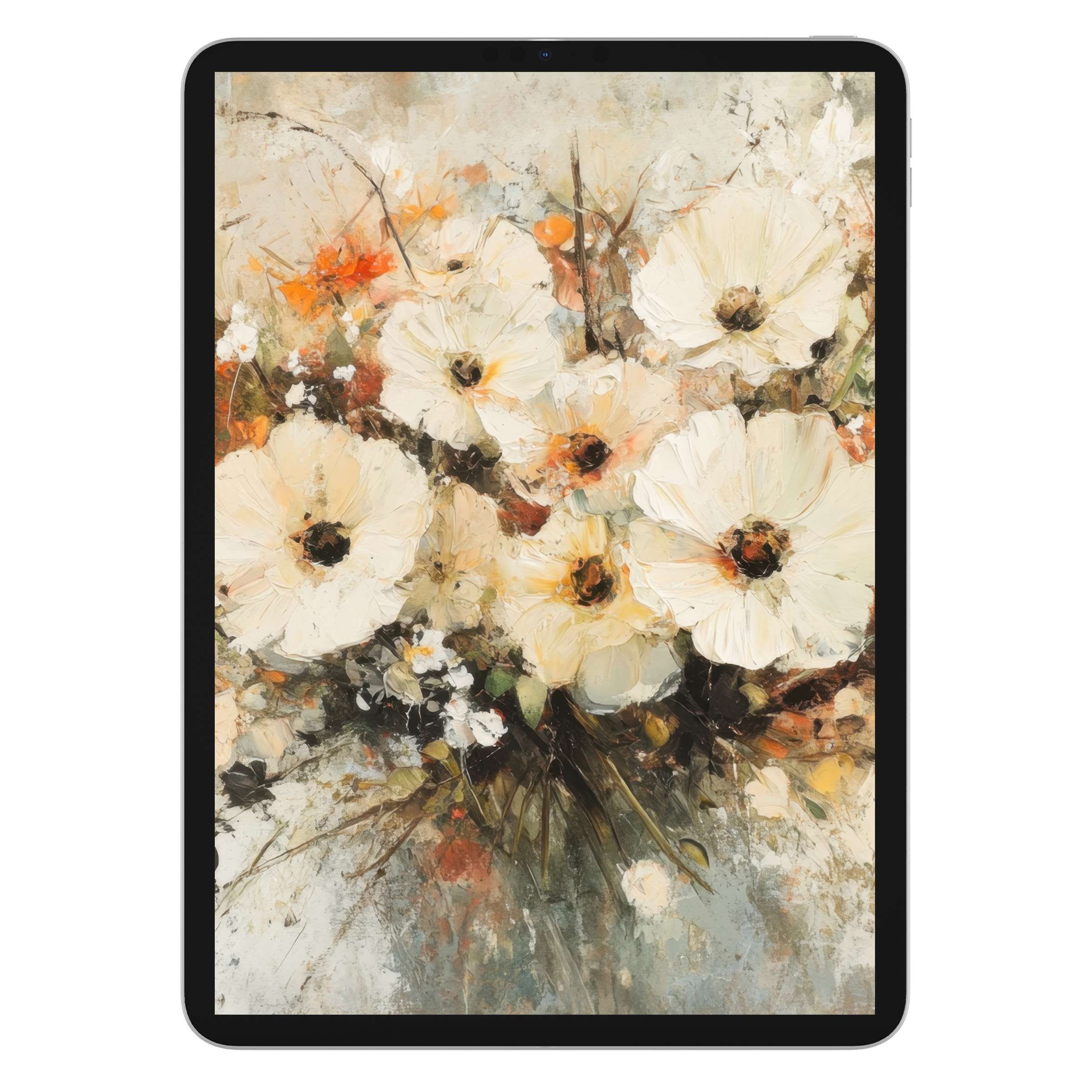 Elegant botanical iPad wallpaper featuring cream flowers and warm tones, perfect background for any tablet as a digital download