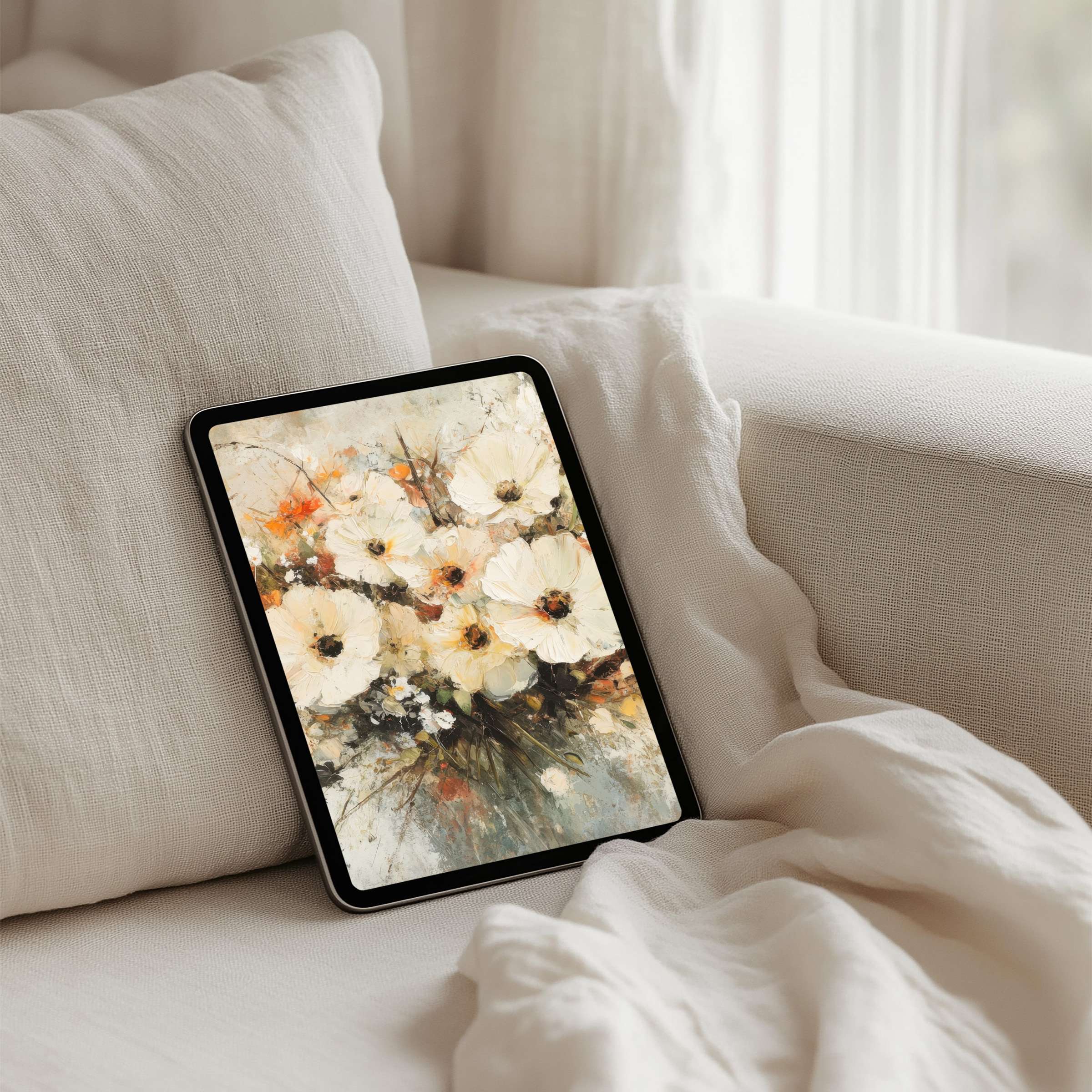 Elegant floral painting iPad background on tablet offers instant download for calm, inspiring aesthetics on any device